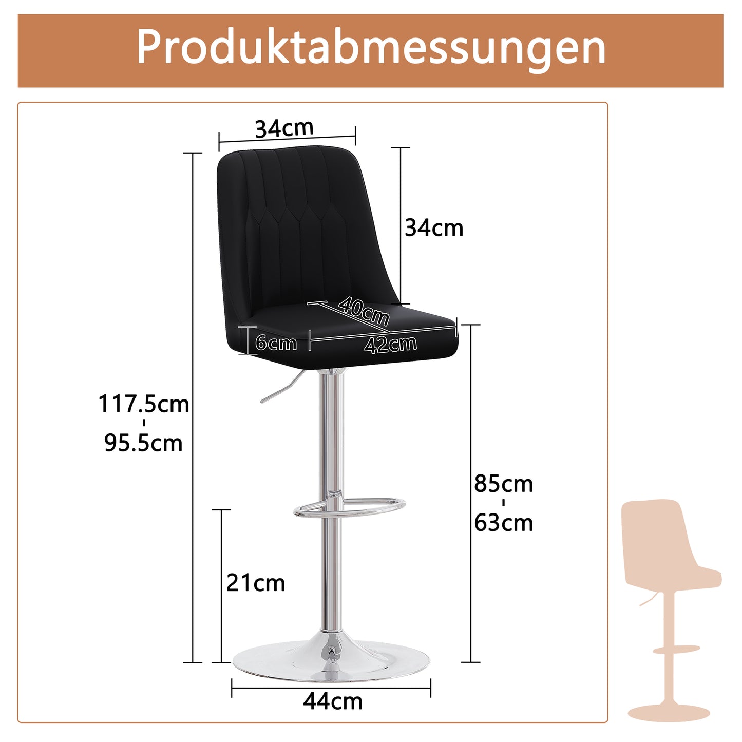 Height-adjustable Bar Stool In Set Of 2, 360 Swivel, Backrest With Black PU Leather And Quilted Pattern, Legs Made Of Silver Metal. Suitable For Kitchen Islands And Bar Counters.