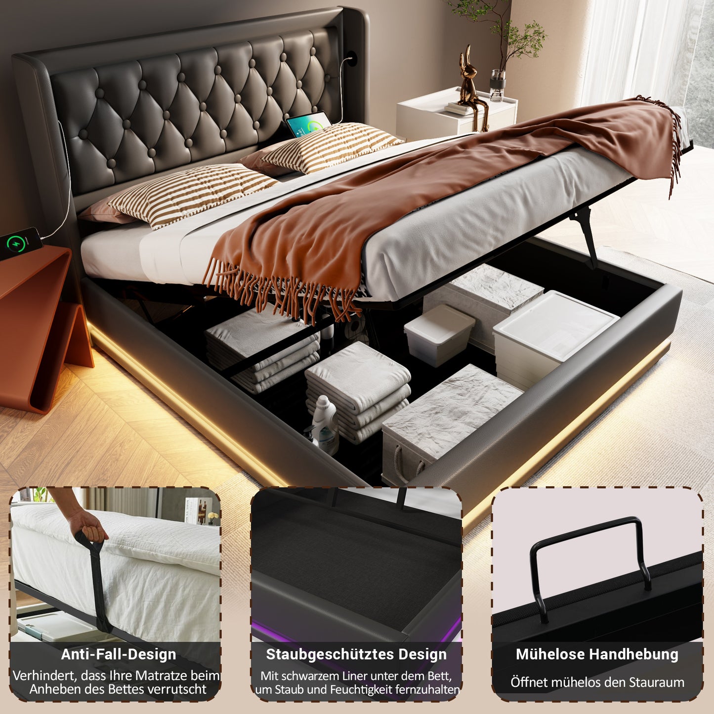 Upholstered Bed Double Bed 160x200 Cm,Black PU Material Hydraulic Storage Bed, Padded Headboard With USB Type-C Charging Function, 3-Sided LED Function Without Mattress