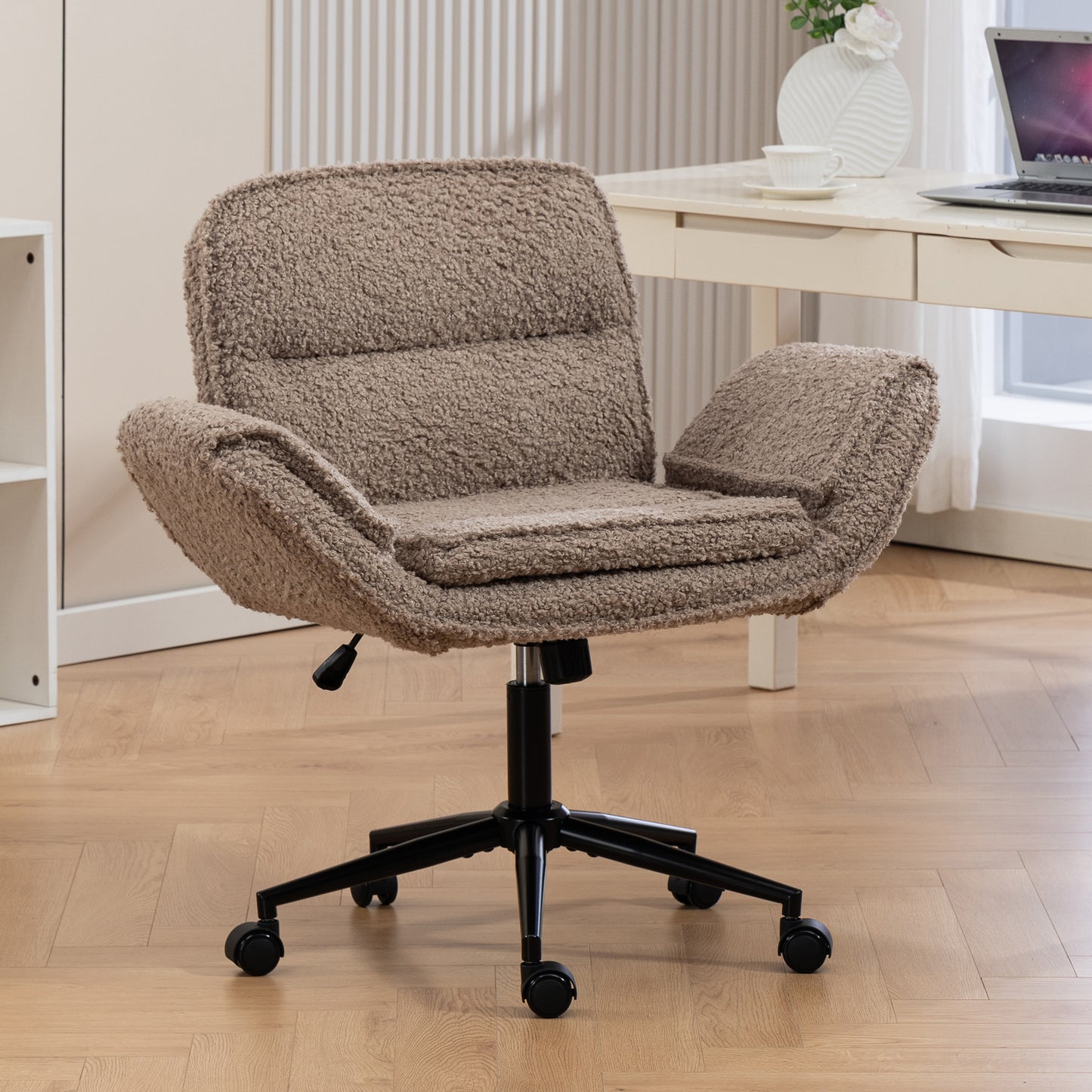 Criss Cross Chair With 5-Gear Adjustable Armrests & Wheels, Ergonomic Thickened Backrest Swivel Desk Chair For Home Office, Vanity, Bedroom And Living Room,brown Teddy Fleece