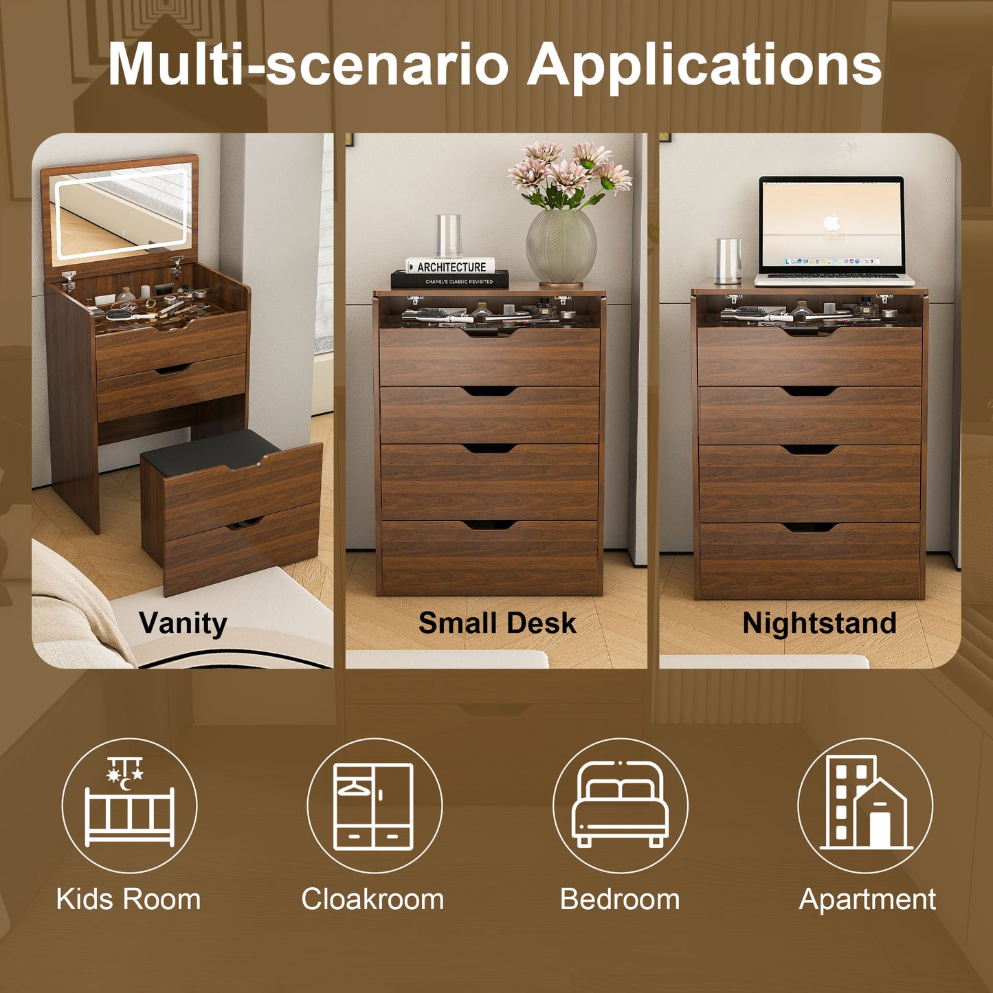 3-in-1 Vanity Desk With Lighted Mirror & Stool, Flip Top Makeup Dressing Table, Compact Storage For Bedroom, Bathroom, Dressing Room 23.62L, Walnut