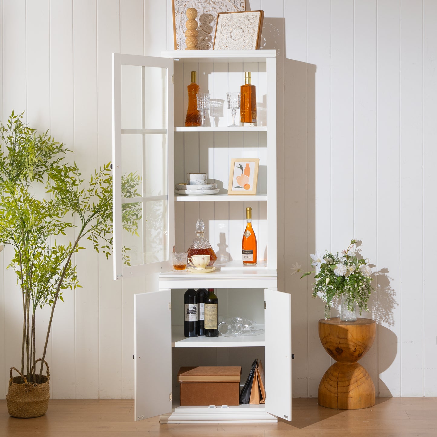 75.25  Tall Freestanding Pantry Cabinet With Glass Door & Lattice Window, Farmhouse Display Cabinets With Storage, Hutch With Double-Action LH&RH Door, For Hallways, Livingroom Kitchen & Office,White