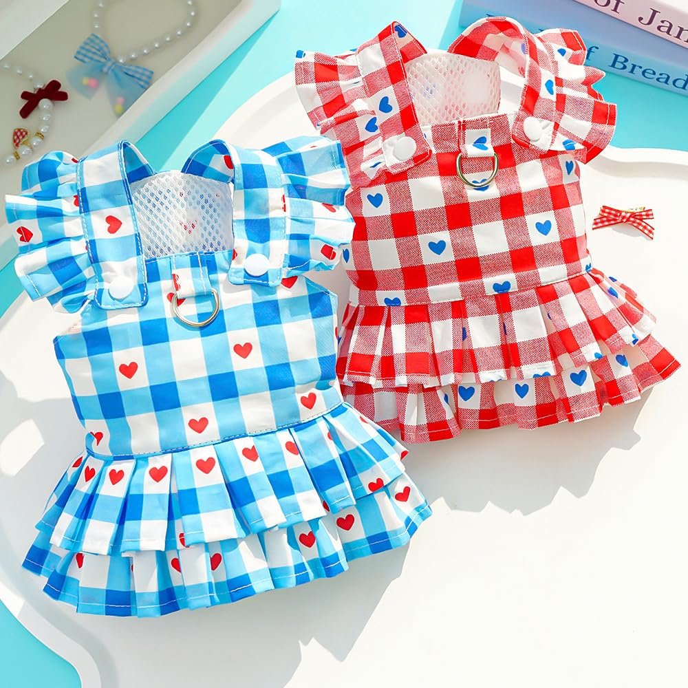 Red Plaid Small Dog Dress Girl Spring Cat Clothes With Heart Pattern Summer Pet Dresses For Dogs Cats Cute Puppy Outfit For Small Dog With Leash Ring
