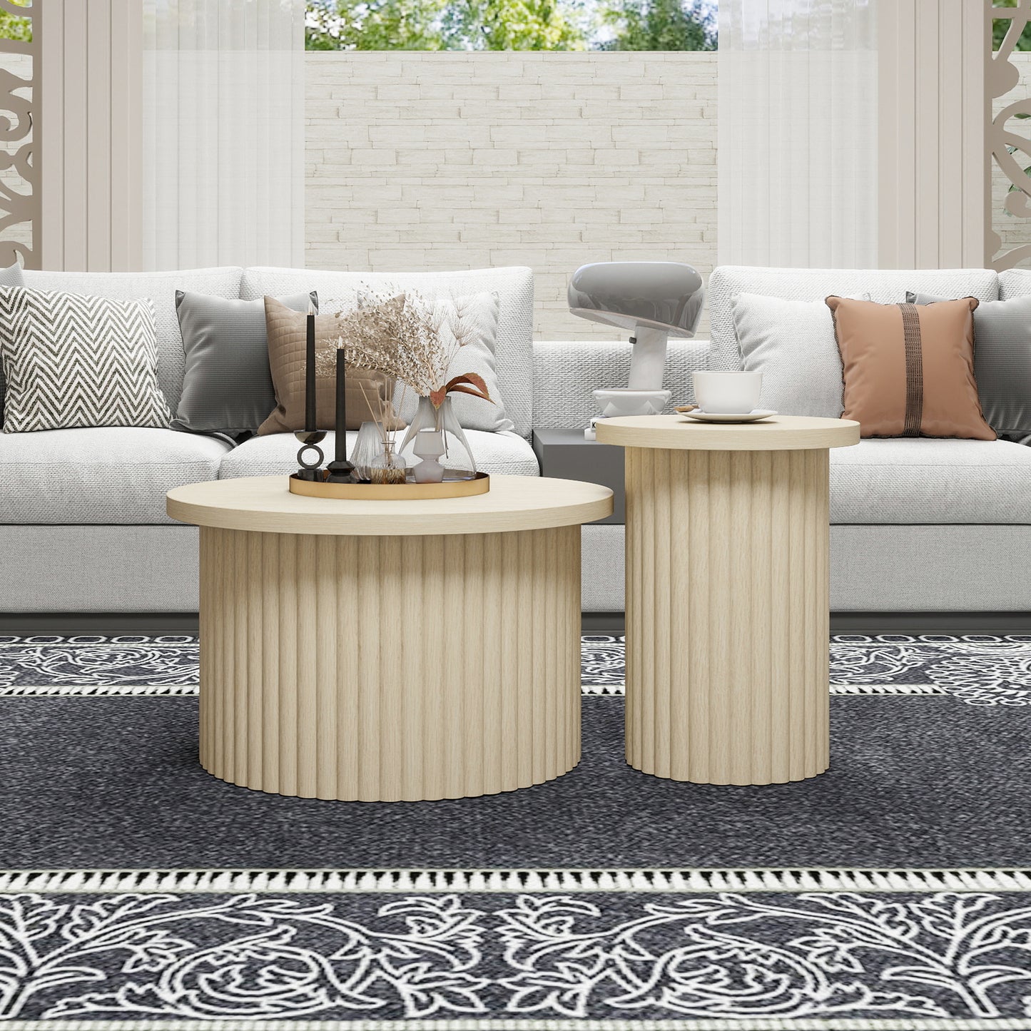 Round Coffee Table Set In 2 Pack With Natural Wood Effect And Wavy Structure - Integrated Side Table, Ideal For Living Room, Bedroom, Study Or Office