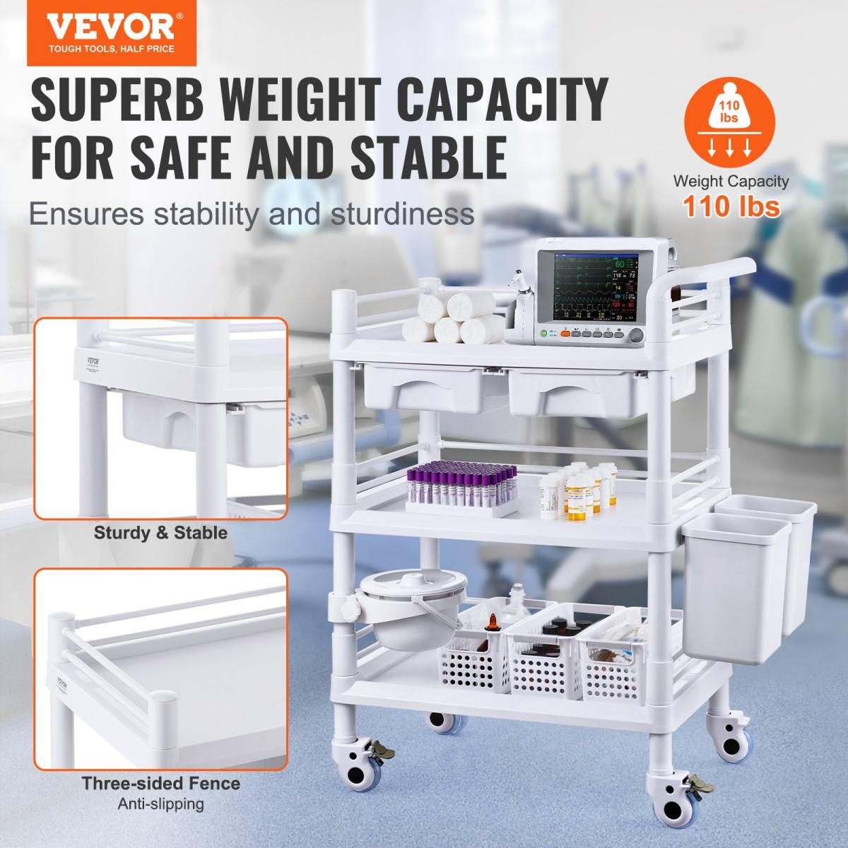 3 Tiers Lab Carts, Lab Utility Cart With 3 Trays & 4 Silent Wheels, Mobile Medical Cart With PP Material, Lab Rolling Cart With 3 Trash Cans For Lab, Clinic, Hospital, Salon, White
