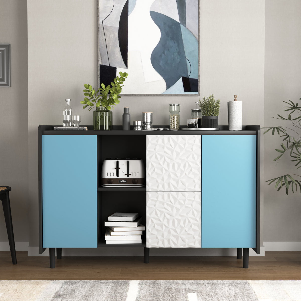 Sideboard Buffet Cabinet, Black Storage Cabinet With Blue Doors, 2 Drawers With Unique Panel Styling And 2 Open Storage Compartments, Modern Coffee Bar Cabinet, Accent Cabinet For Kitchen