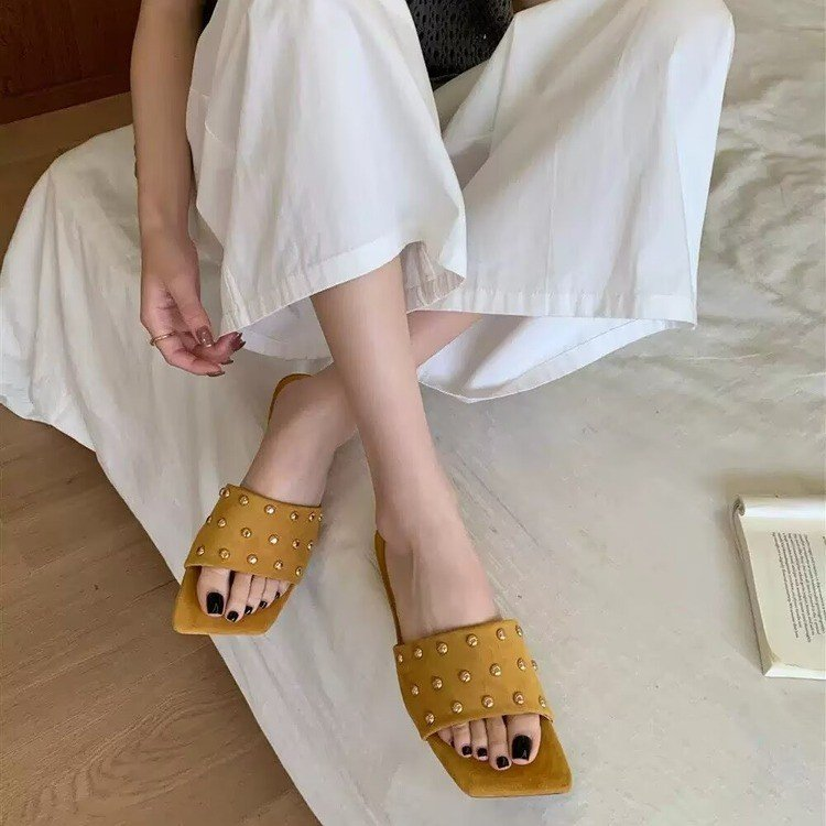 2026 French Style Square Toe Rivet Slippers, Summer Suede Block Heel Single Strap Outdoor Slippers For Women
