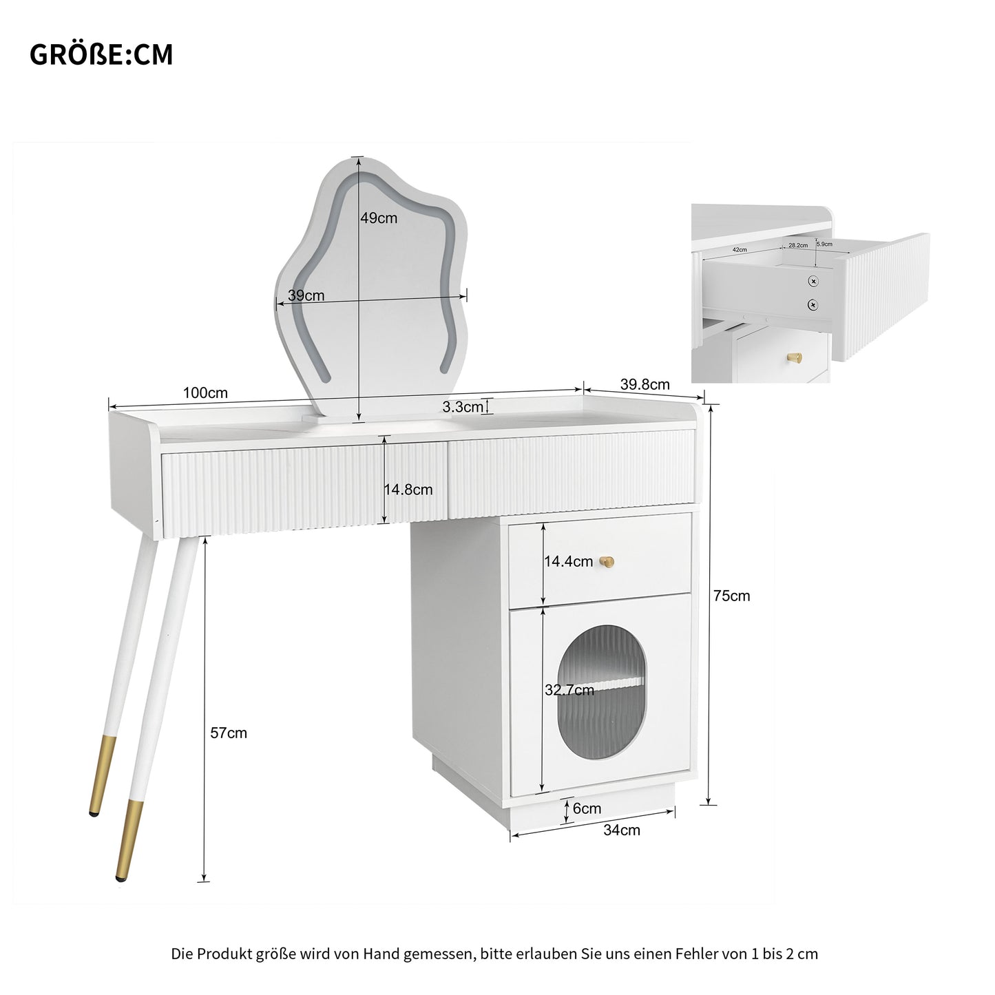 Dressing Table With LED Mirror And Lighting - White Dressing Table Set For Bedroom With Three Spacious Drawers And A Door - Dimensions W100 H75 D40 Cm Without Stool Old Sku RN3190801AAW