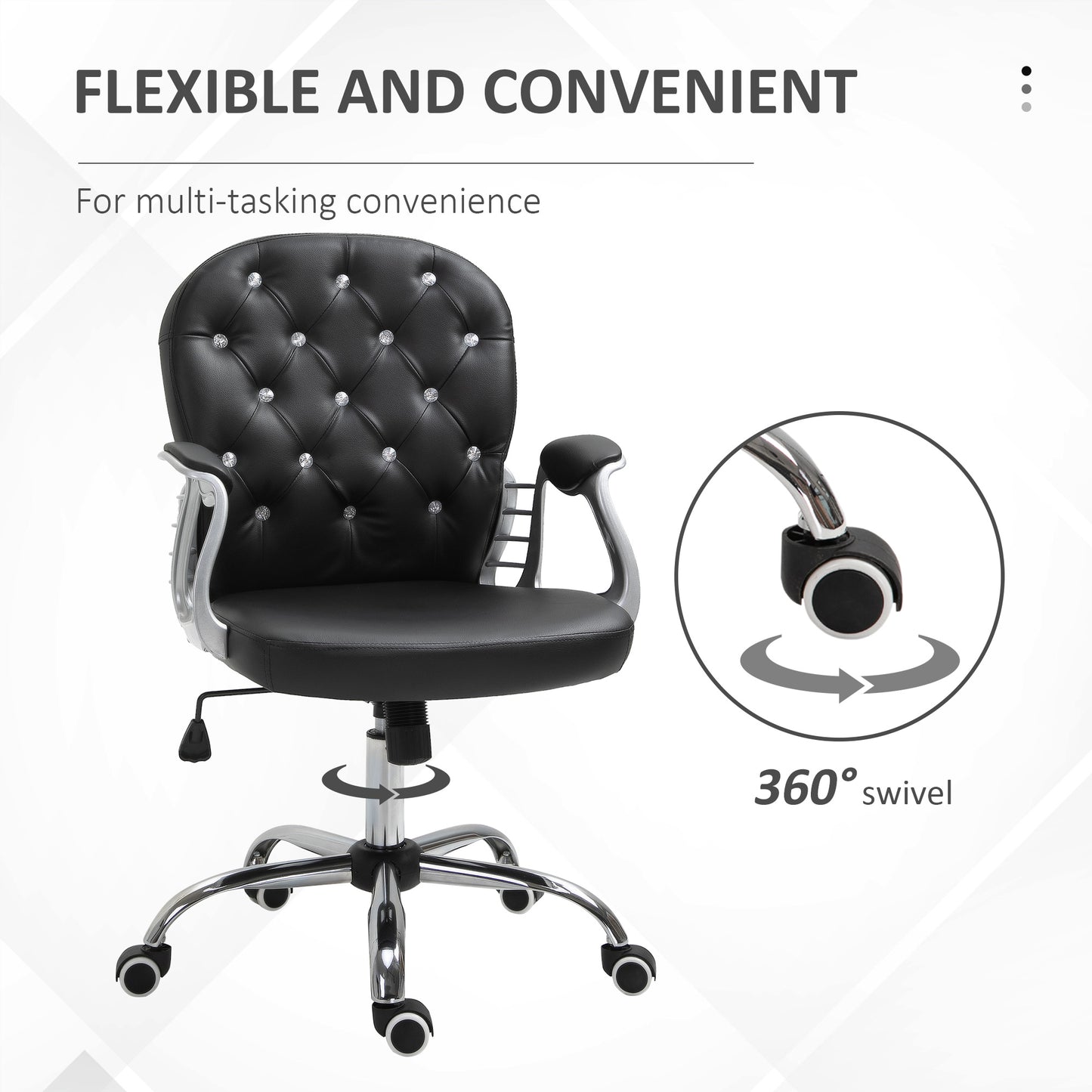 Makeup Vanity Chair, PU Leather Computer Task Chair with Button Tufted, Padded Armrests, Adjustable Height and Swivel Wheels, Black