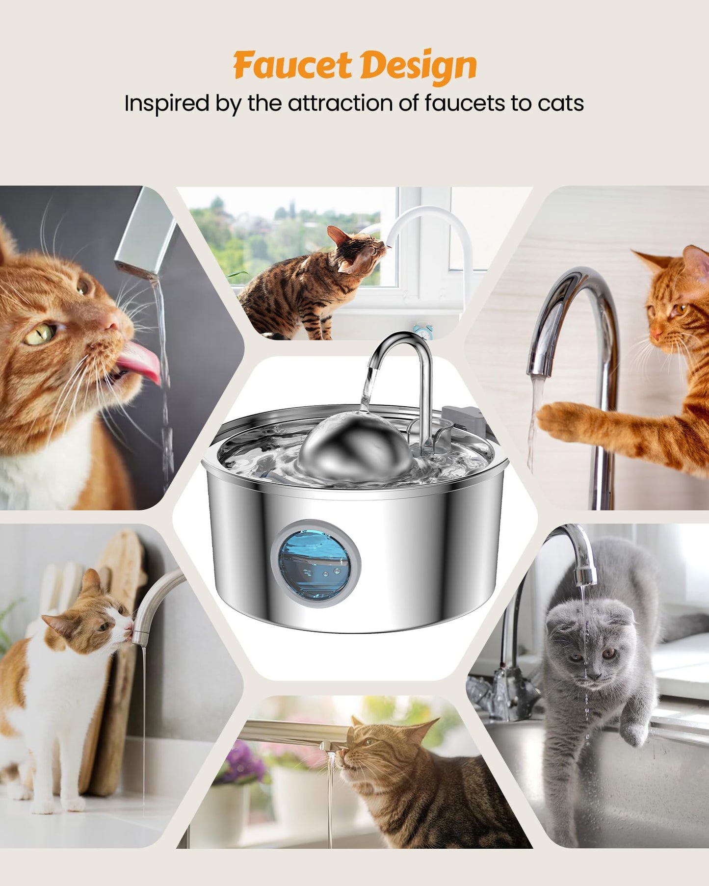At Water Fountain Stainless Steel, 108oz 3.2L Cat Fountain, Pet Water Fountain With Water Level Window, Hemispherical Shape, Multi-Filter, Silent Pump, Water Tap, Provides Flowing Water