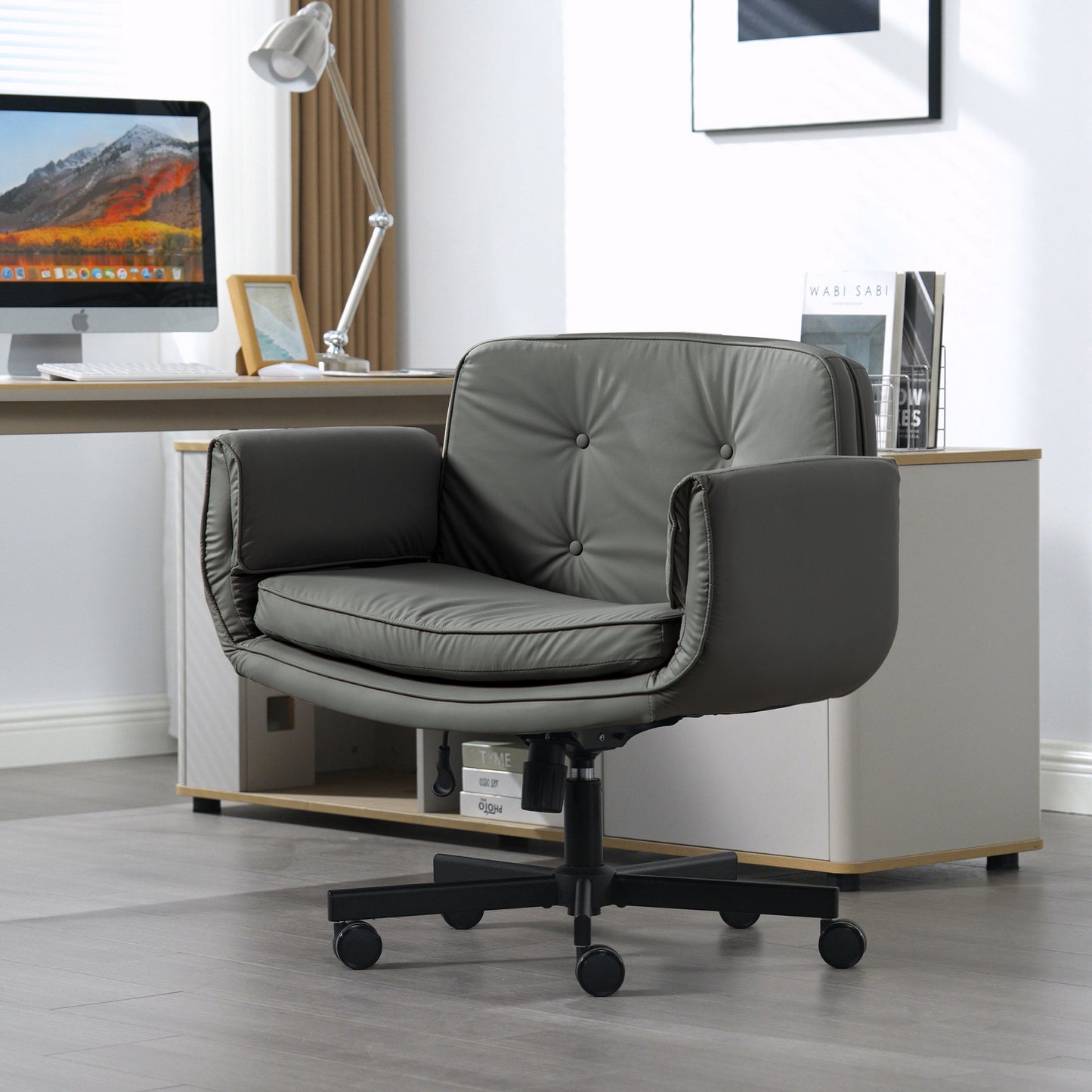 Criss Cross Chair With Adjustable Armrests & Wheels & Headrest, PU Lounge Vanity Desk Chair With Wide Seat For Cross-Legged Sitting, Swivel Task Office Chairs For Home, Makeup, Gaming, Office, Gray