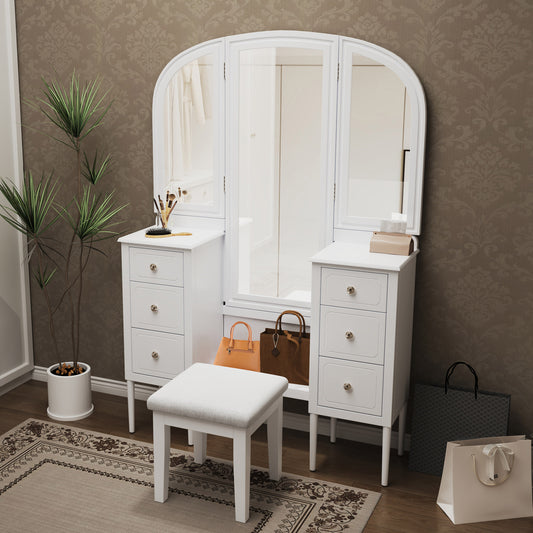 Antique Makeup Vanity Desk With Triple Mirror, 6-Drawer Dressing Table Set Including Stool, Full Length Mirror For Bedroom Dressing Room, White