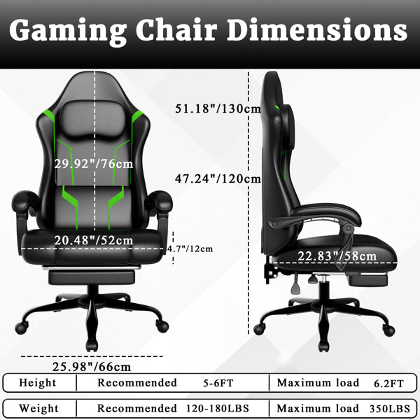 Ergonomic Gaming Chair, Video Game Chair With Pocket Spring Cushion And Footrest, Height Adjustable Computer Chair With Swivel Seat And Headrest  Faux Leather, Green