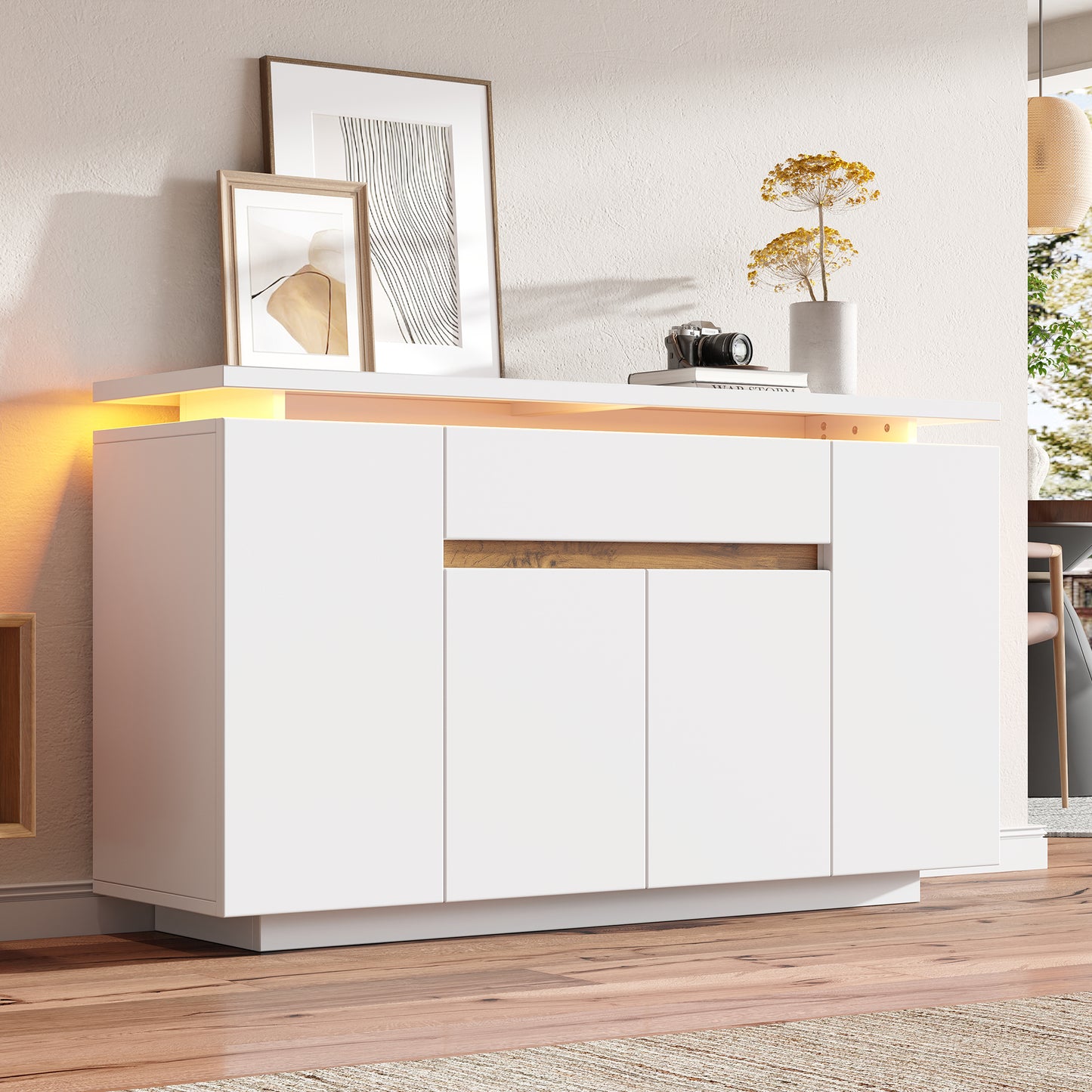 Modern LED Sideboard, 1 Drawer & 4 Doors Storage Cabinet, White  Natural, Perfect For Living Room, Hallway, Or Kitchen, Dimensions  140 X 40 X 80 Cm