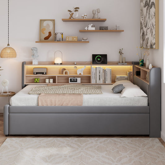 Upholstered Bed, Daybed With Pull Out Trundle, 3FT Single Bed 90x190cm, Daybed Sofa Bed, With Charging Port, LED Strip, With Storage Space, Easy Assembly, Velvet, Grey   No Mattress