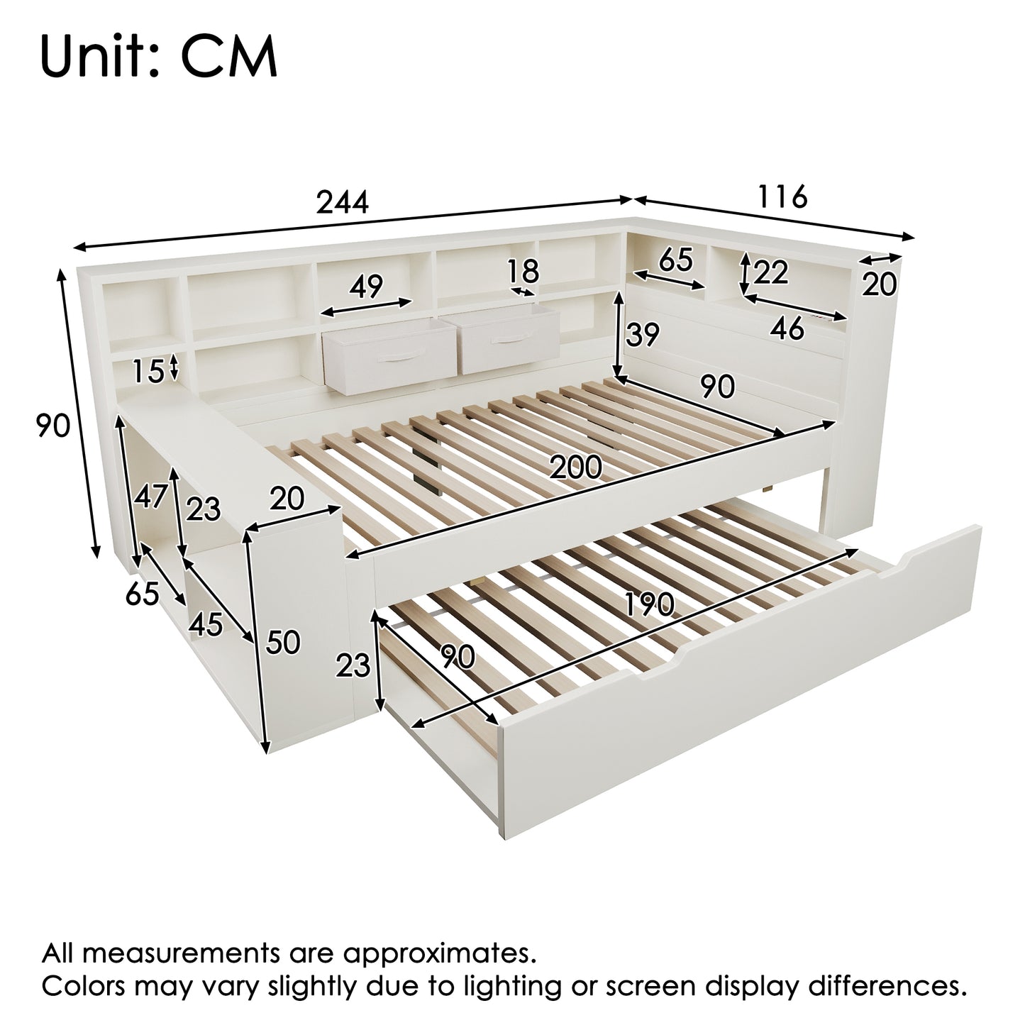 AB30394234W Single Bed 90x200 In White, Storage Bed With Pull-out Bed, 3-sided Shelves & Integrated USB Type-C Charging  Functional Bed For The Children's And Teenagers' Room, Without Mattress
