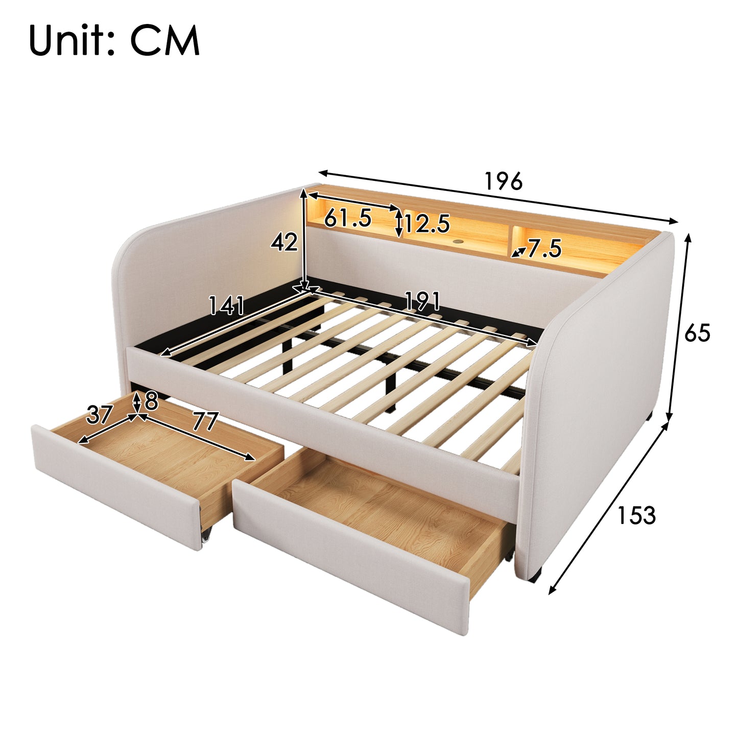 AB20754142B Upholstered Bed Daybed 140x190 Cm, Sofa Bed With LED And USB-C Charging Function, Daybed With 2 Drawers And Storage Headboard, Linen, Light Beige  Without Mattress