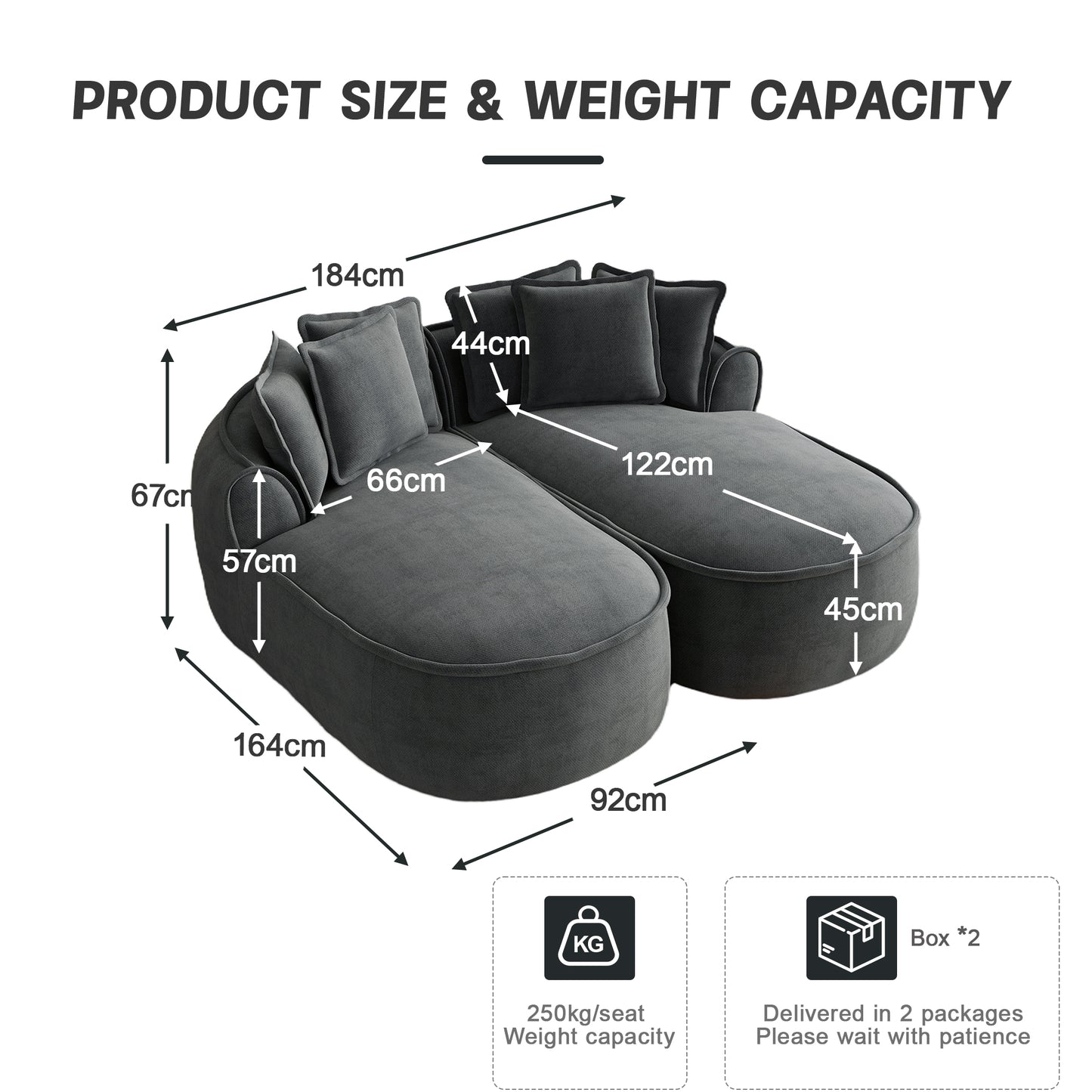 Comfortable Chenille Cloud Double Sofa, Frameless Design, Extra Large Double Chaise Longue, Including Cushions, No Setup Required, For Living Room,Grey
