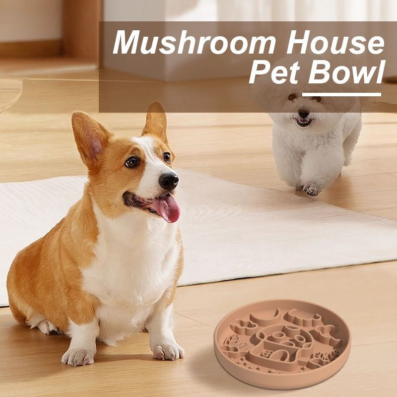 Silicone Mushroom House Pet Slow Feeder Bowl