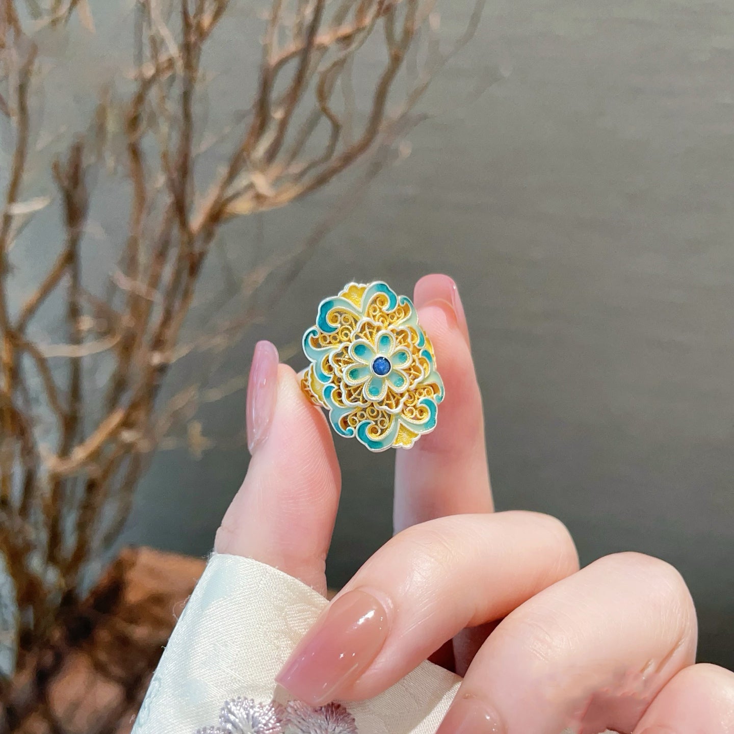 1pcs 999.9 Sterling Silver Gold-Plated Enamel Orchid Statement Ring, Luxury Retro Style, Ideal For Birthdays & Holiday Gifts