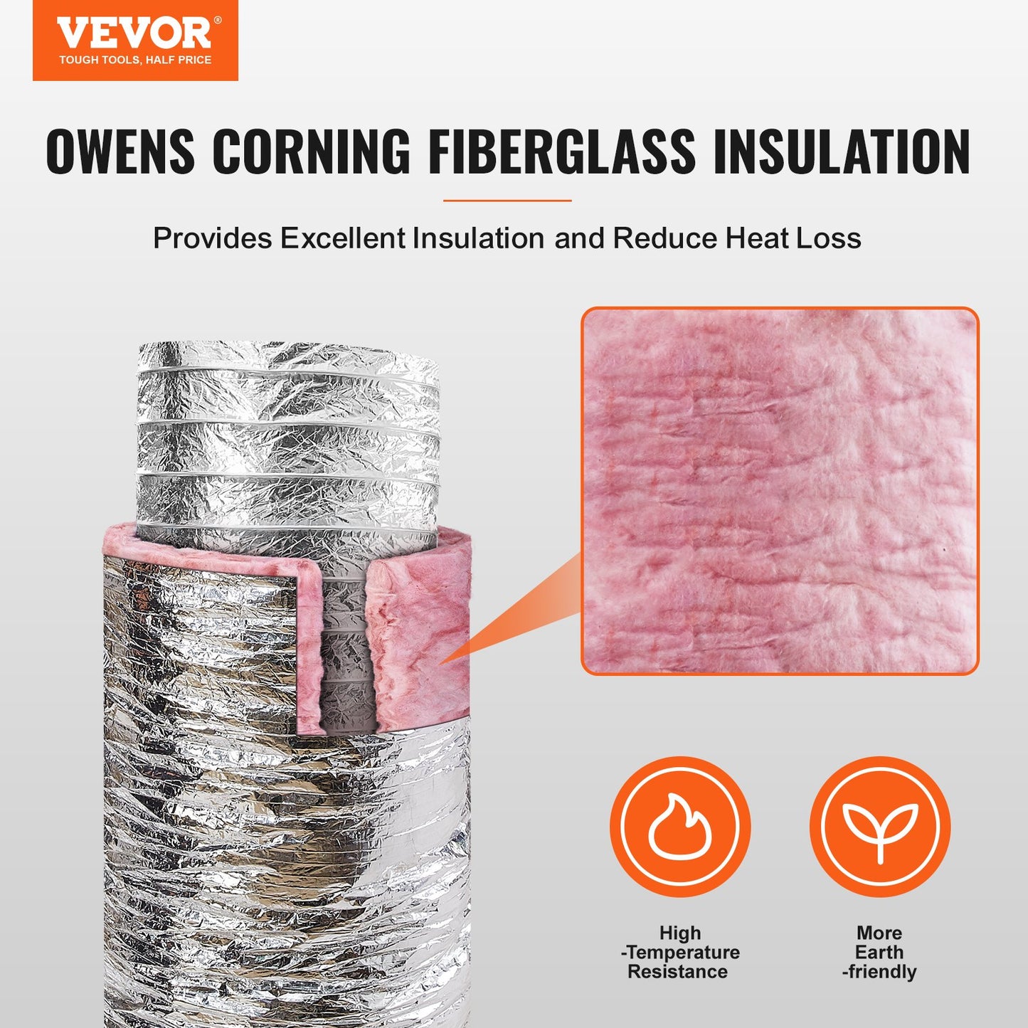 VEVOR Dryer Vent Hose,  Insulated Flexible Duct 25FT Long With 2 Duct Clamps, Heavy-Duty Three Layer Protection For HVAC Heating Cooling Ventilation And Exhaust, R-6.0 Flame Resistance Value