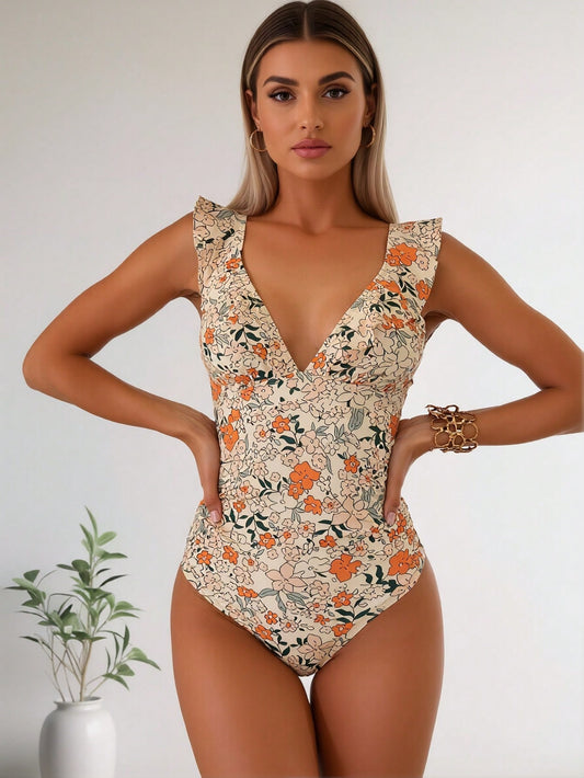 2026 New Ditsy Floral Print One-Piece Swimsuit, V Neck Ruffle Shoulder Tummy Control Bathing Suit