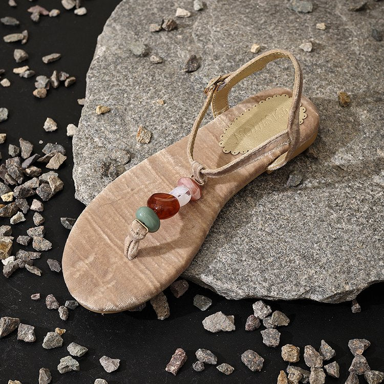 Retro Woven Bead Clip Toe Herringbone Sandals For Women's Summer New Fashion Beach Shoes Agate Slippers