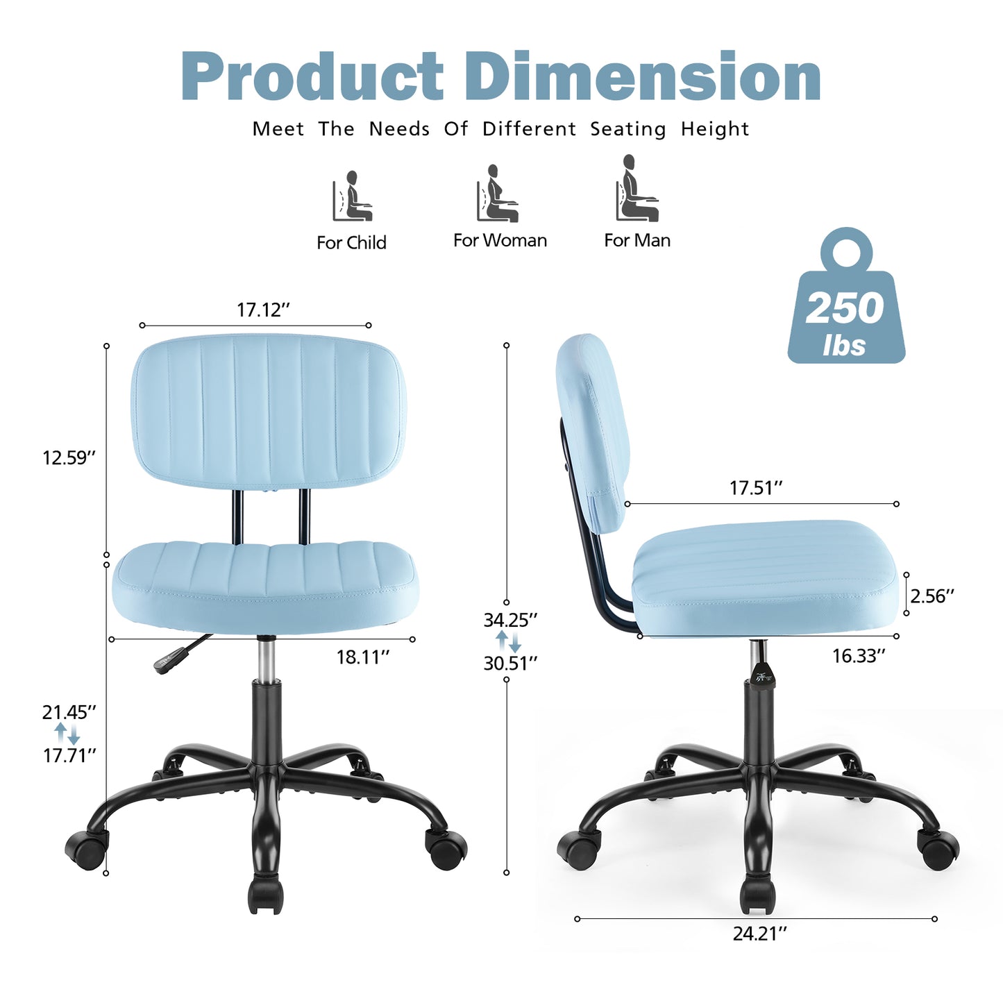 A Small Office Chair With A Low Back Support, A Height-adjustable Work Chair, And Equipped With 360-degree Rotating Wheels