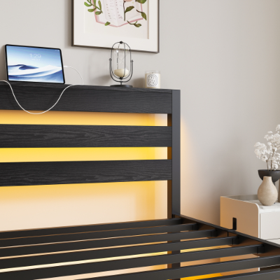 Twin Size Bed Frame Heavy Duty Platform Bed Frame With Headboard, USB Charging Station, LED Bed, No Box Spring Needed, Mattress Foundation, Strong Steel Slats, Noise Free, Black