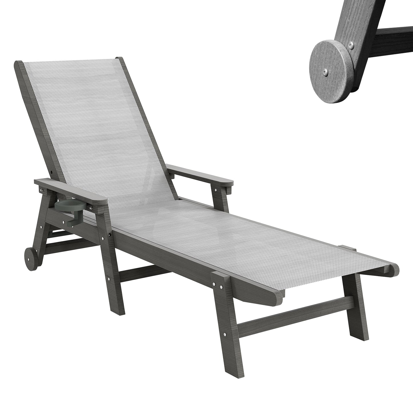 Lounge Chair Outdoor, HDPE Chaise Lounge Outdoor With Wheels, Patio Lounge Chair Adjustable 5-Position Recliner For Patio, Poolside, Yard, Grey