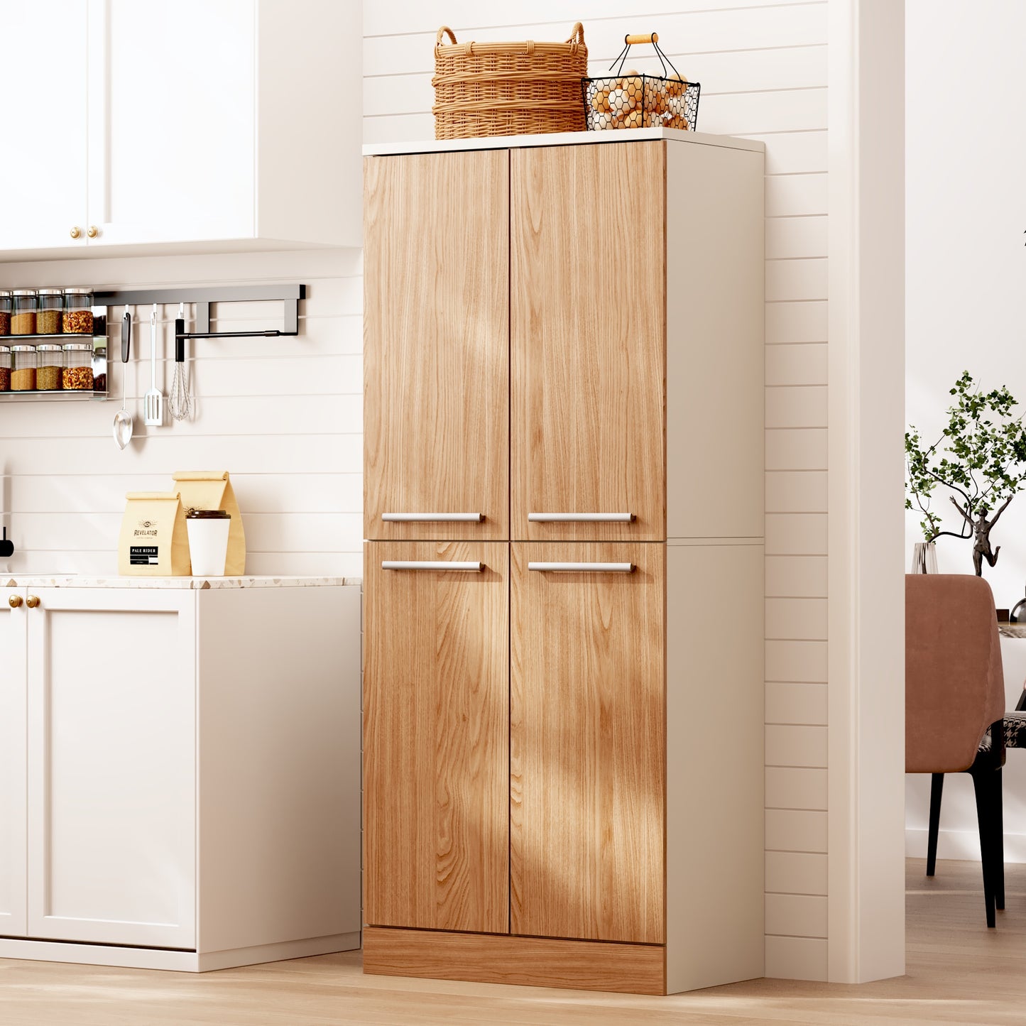 Kitchen Pantry Cabinet, Tall Kitchen Cabinet 4-door, Refrigerator-like Pantry Cabinet With Adjustable Shelves, Large Dining Cabinet With Metal Handles & Tilt Protection, 76x42x180cm, Oak Look