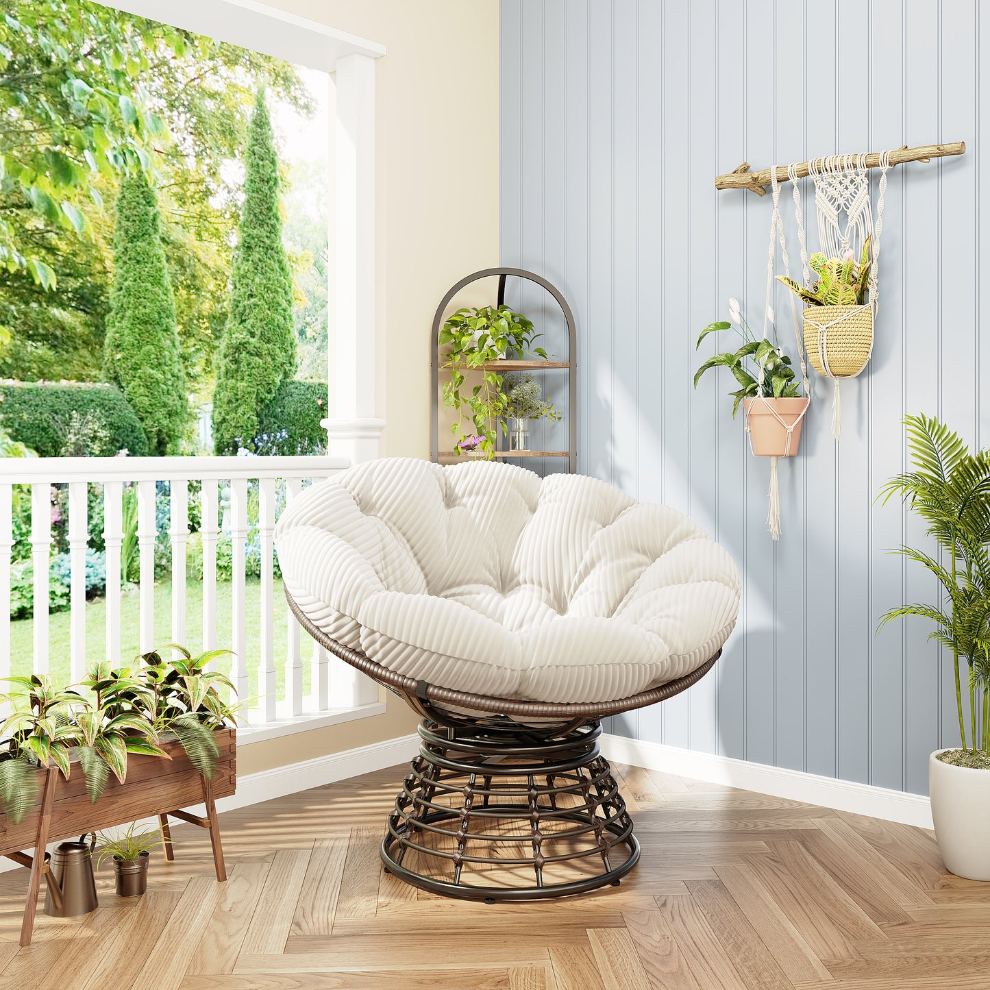 Comfortable Ergonomic Wicker Papasan Chair, 360 Swivel Indoor Outdoor Rattan Chair With Soft Thick Cushion, Ideal For Living Room, Bedroom, Reading Room, Brown Frame With White Cushion Corduroy