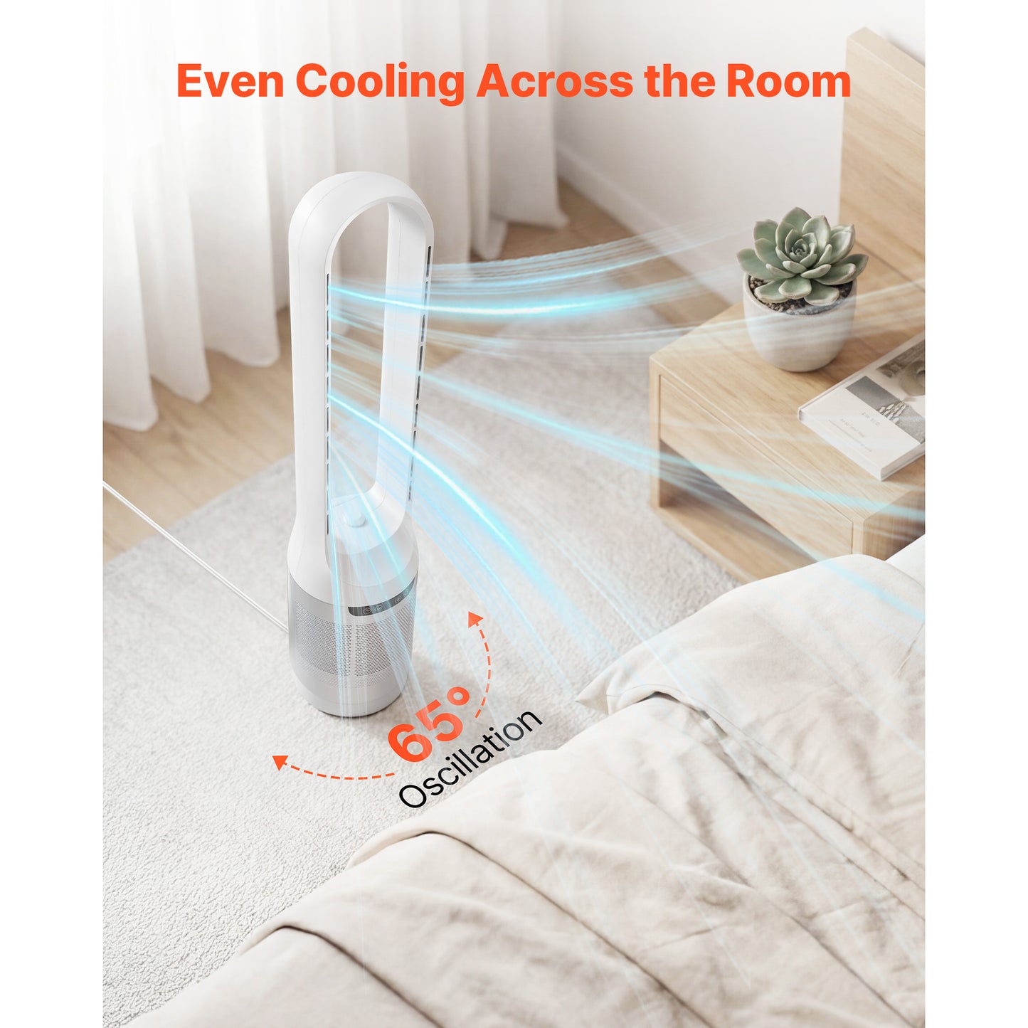 Bladeless Tower Fan, 65 Oscillating Standing Fan, 12 Speeds & 4 Modes & 8H Timer, 14.76 Ft S High Velocity Floor Air Circulator, Powerful Airflow For Bedroom, Living Room, Home, Office, White