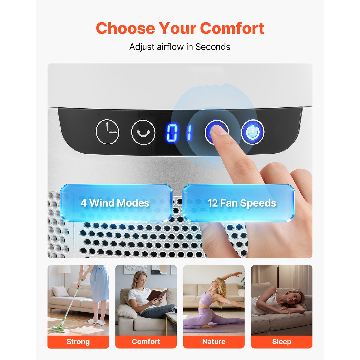 Bladeless Tower Fan, 65 Oscillating Standing Fan, 12 Speeds & 4 Modes & 8H Timer, 14.76 Ft S High Velocity Floor Air Circulator, Powerful Airflow For Bedroom, Living Room, Home, Office, White