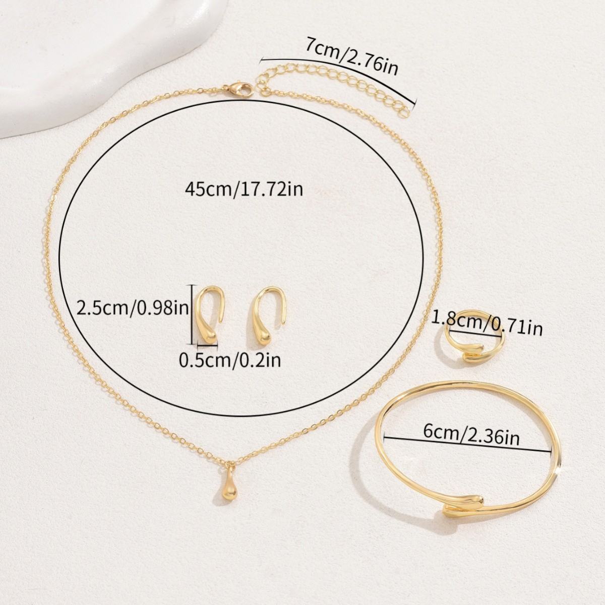 Minimalist Dainty Korean Style Jewelry Set For Women, Teardrop Design Earrings Necklace Adjustable Open Ring & Bangle, Versatile Daily Fashion Jewelry