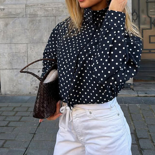 Womens Fashion Turtleneck Polka-dot Puff-sleeve Cropped Jacket