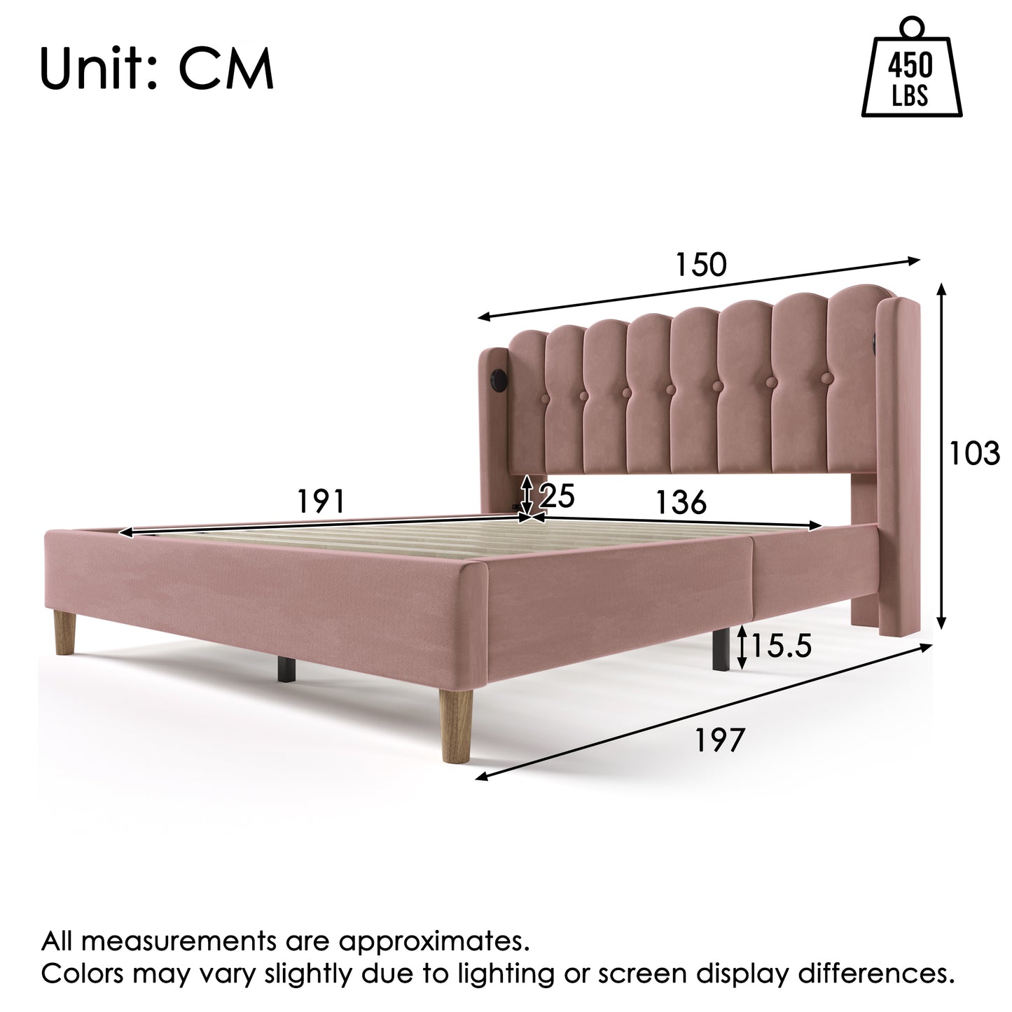 Upholstered Double Bed With USB And Type-C Charging, Bed Frame With Wooden Slatted Frame, Teenager Bed For Bedroom & Guest Room, 4ft6 135 X 190 Cm Bed Frame, Pink, Velvet Material