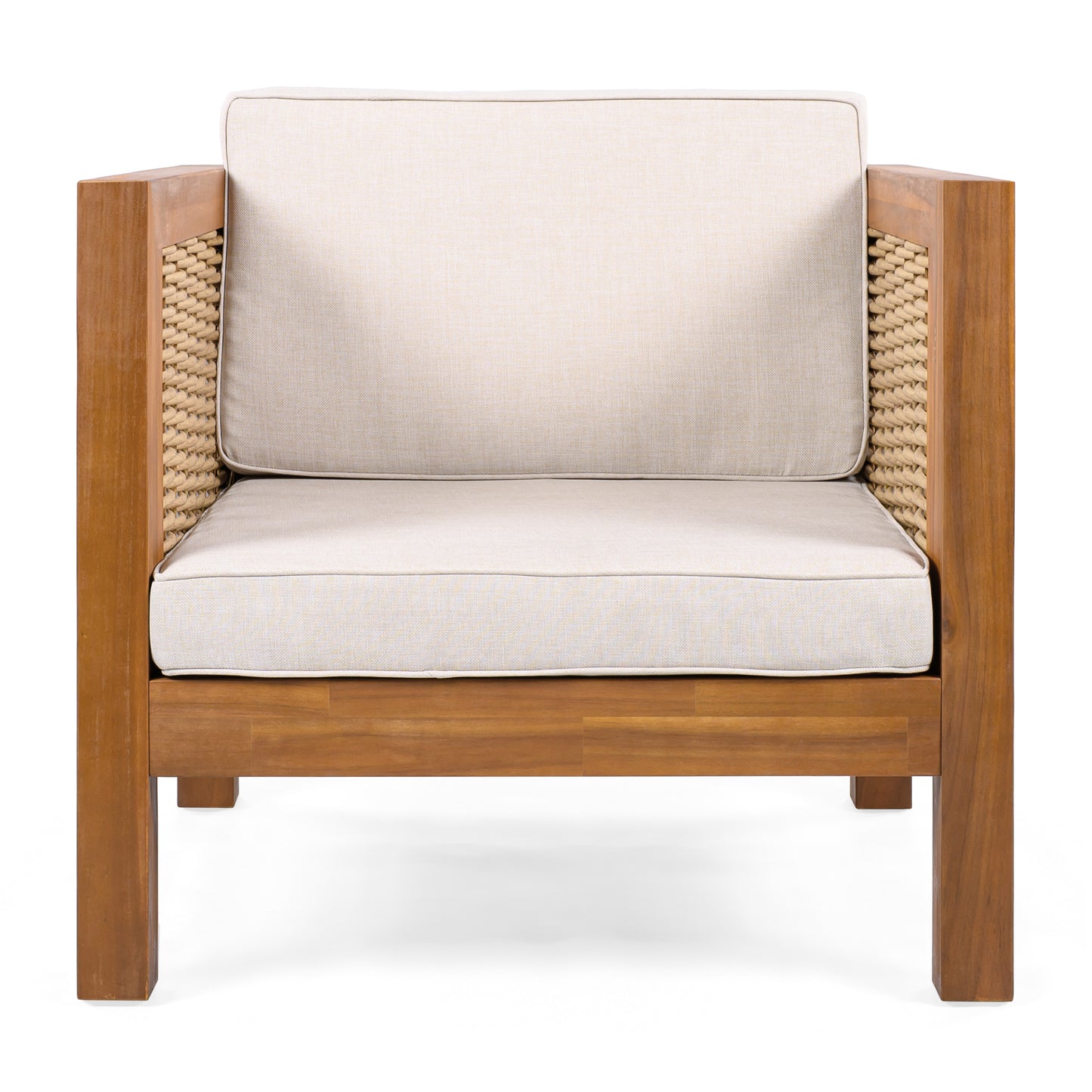 Acacia Wood Outdoor Club Chair With Wicker Armrest And Beige Cushions,400 Lbs Capacity