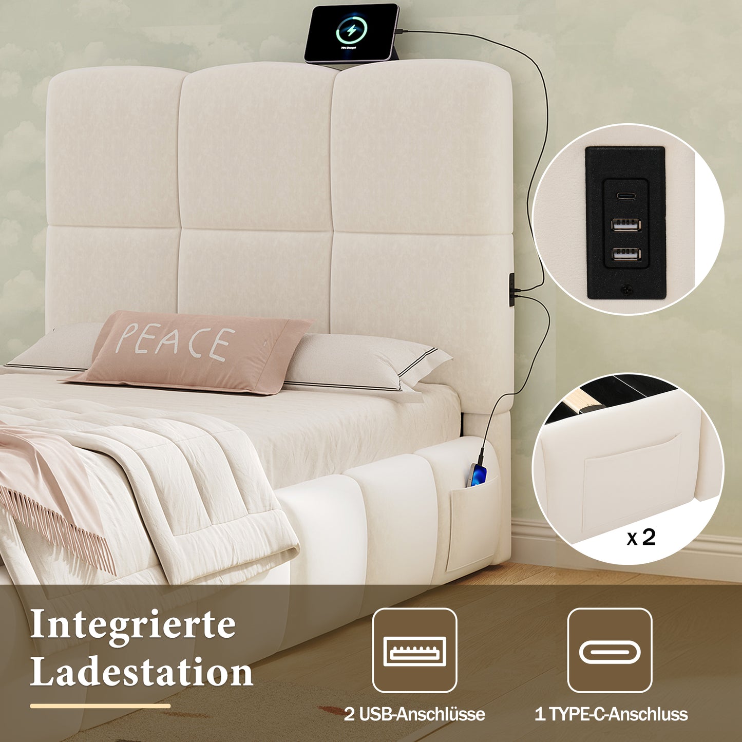 Upholstered Bed, Single Bed, Cot 90 X 200cm, Hydraulic Functional Bed, Bed With Slatted Frame, Headboard, Large Storage Space And USB Charging Port, Upholstered Headboard, Velvet, Beige