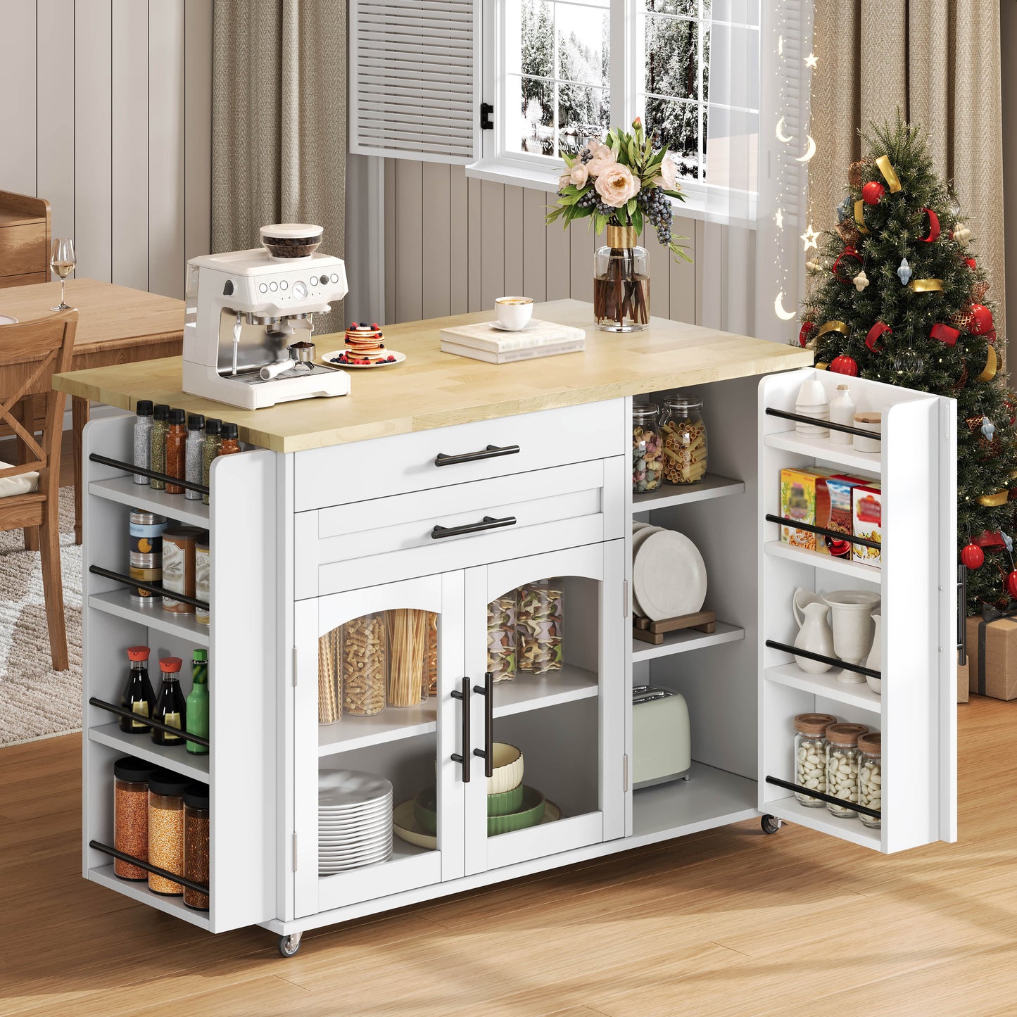 Mobile Kitchen Island With Foldable Worktop, Kitchen Trolley, 5 Wheels, Multiple Storage Racks, Spice Rack, Cutlery Storage Drawer, 120 X 45  70  X 90 Cm