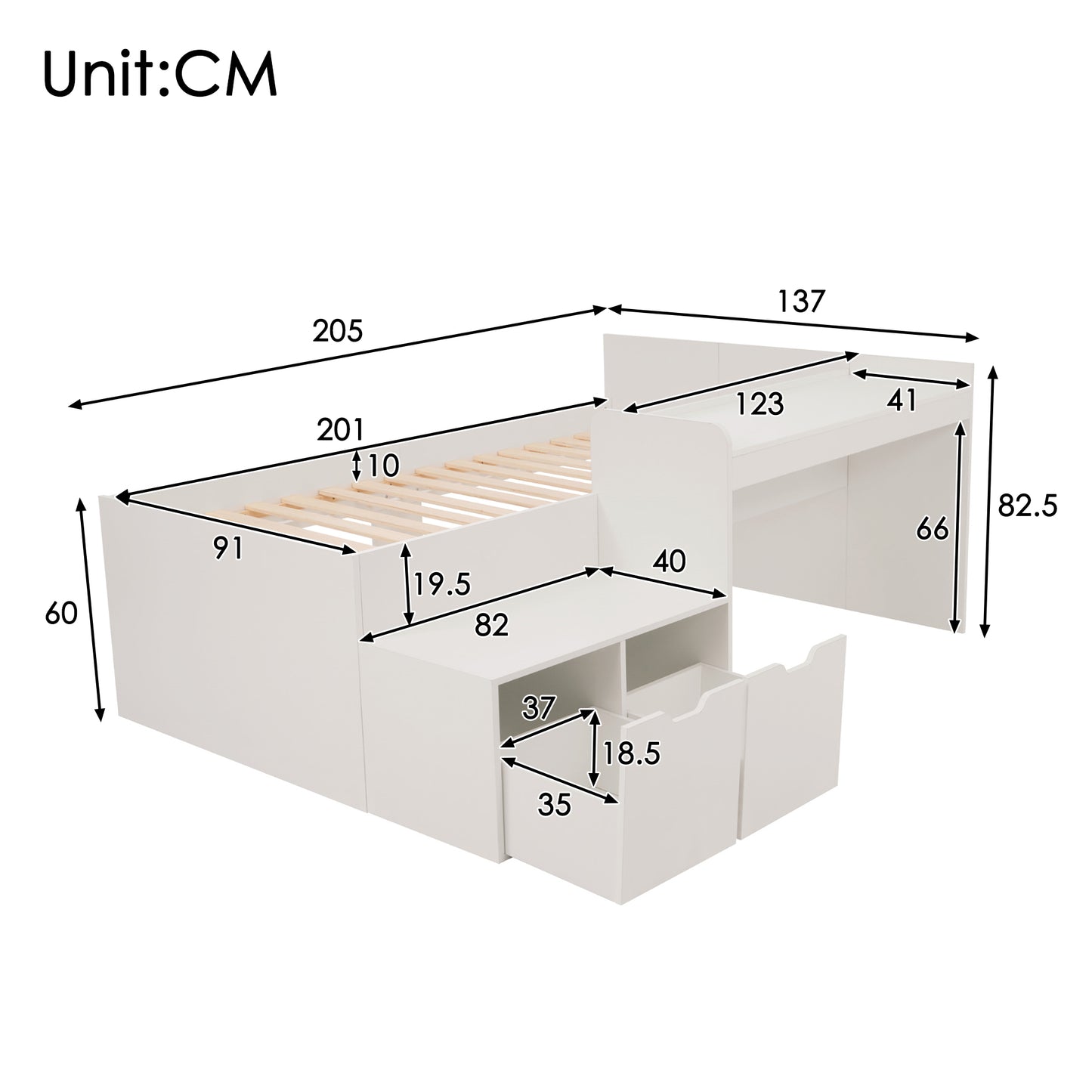 Children's Bed, Solid Wood Single Bed With Desk And Drawers, 90 X 200 Cm, White, Storage Bed With Slatted Frame, For Boys & Girls  Without Mattress