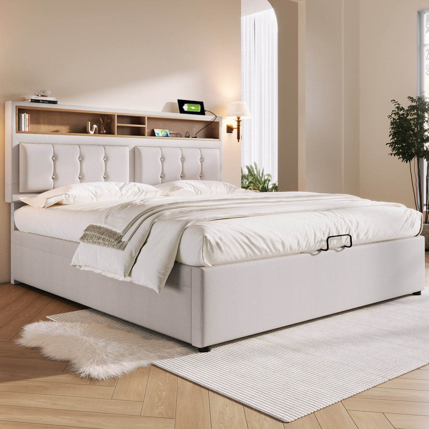 Upholstered Bed Double Bed With USB C Socket Charging Function Headboard, Storage Beds Bed Frame Made Of Linen Material Youth Bed 140x200 With Slatted Base Without Mattress