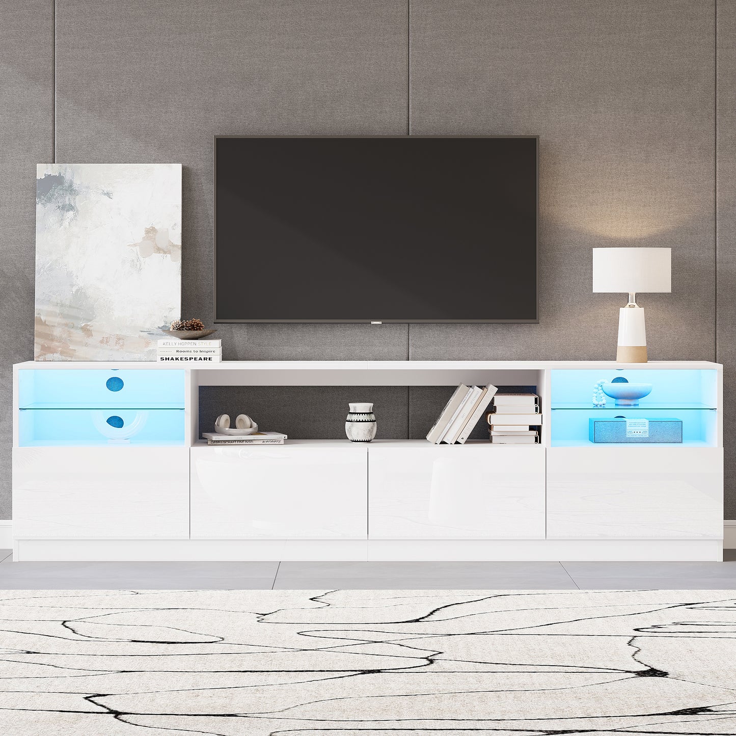 TV Cabinet With LED Lighting, Open Cabinet, 4 Hinged Doors, 8 Storage Spaces, White High-gloss Cabinet, TV Stand For TVs Up To 75 Inches, TV Lowboard For Living Room, Dining Room, 180 X 35 X 60 Cm