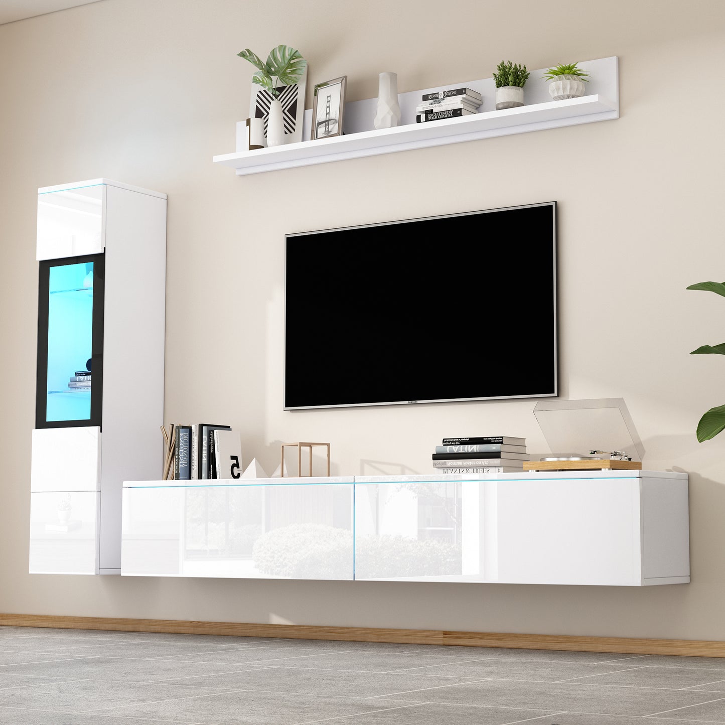 3-piece TV Wall Unit Set With LED Lighting, High-gloss White Living Room Furniture Set1 X TV Cabinet, 1 X Display Cabinet, 1 X Wall Shelf