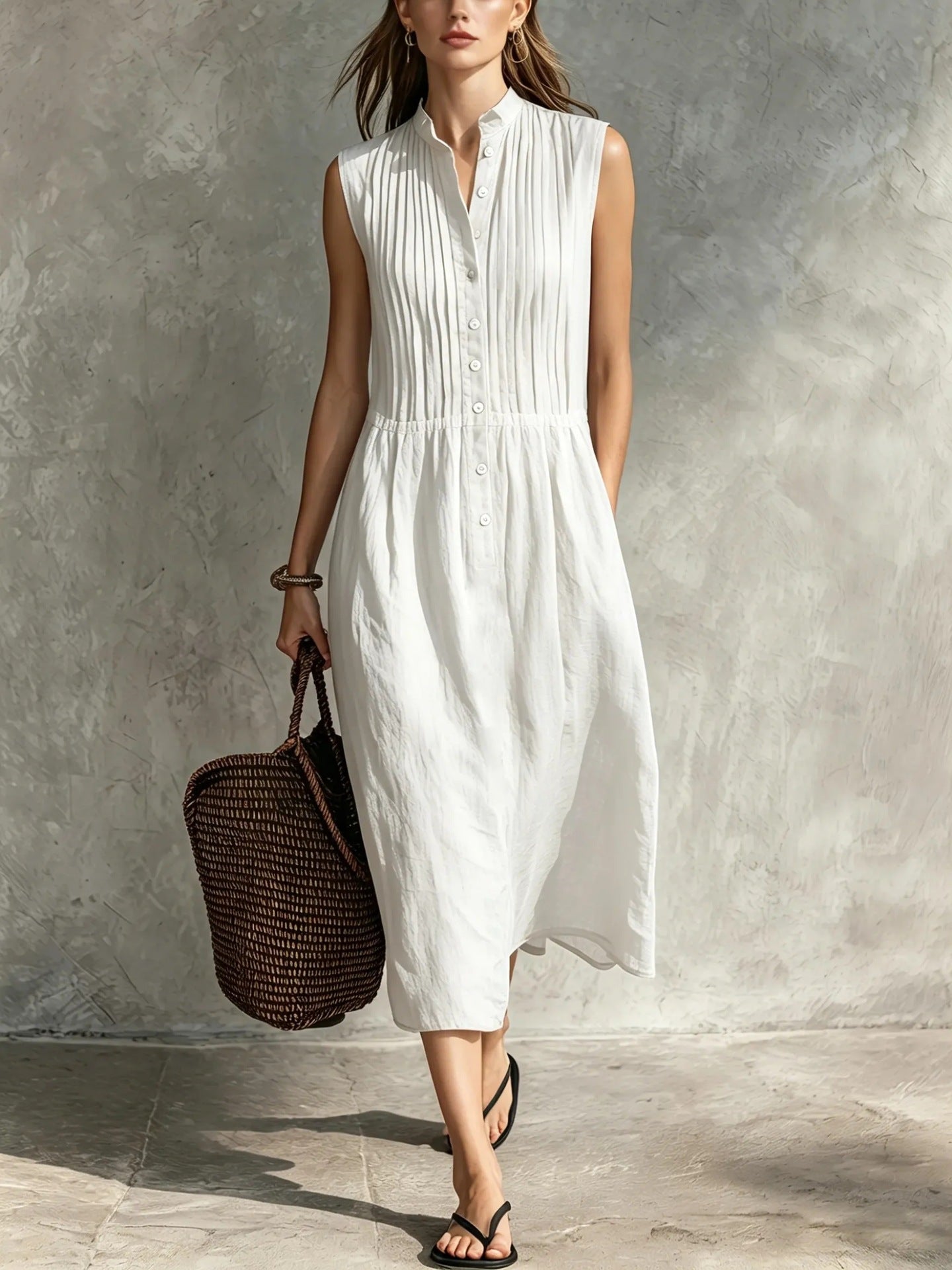 Womens Fashion Simple And Elegant Sleeveless Single-breasted Dress