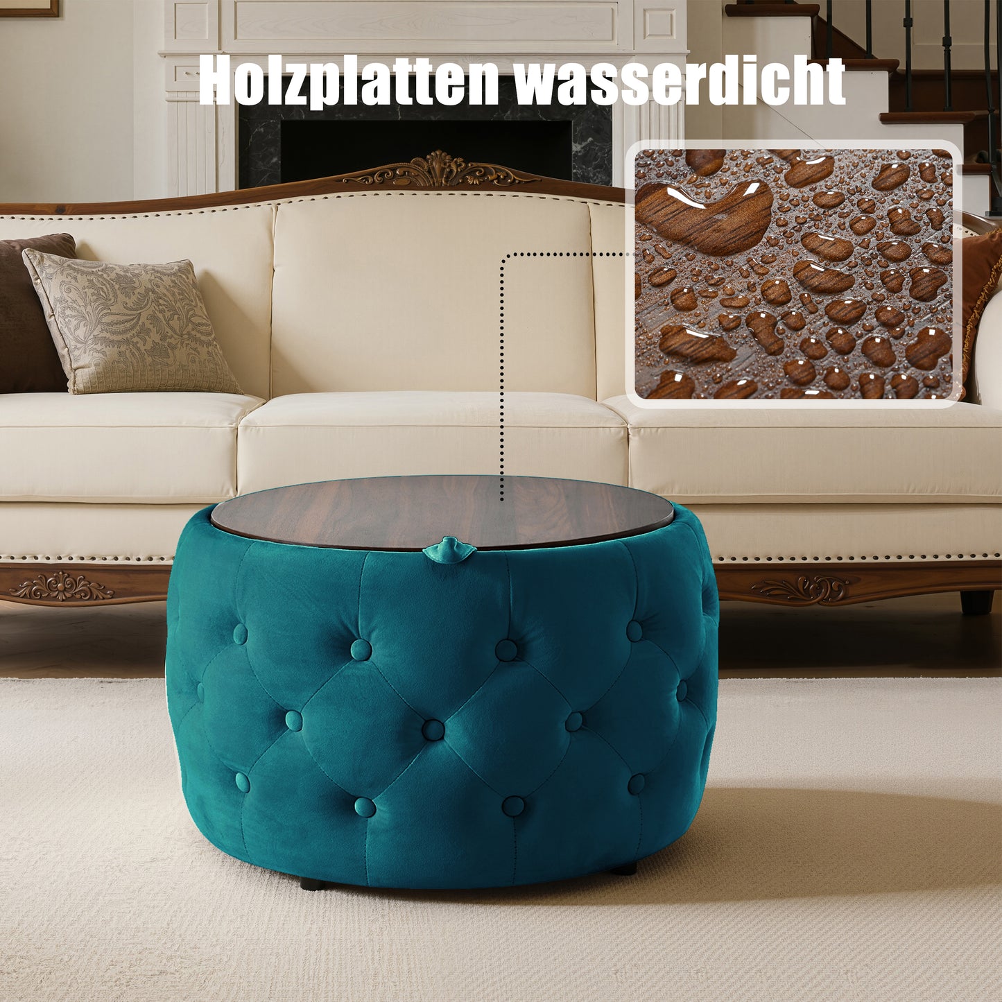 Luxury Set Of 2 Velvet Nesting Stools, 4-in-1 Function, Round Storage Footstool With Wooden Shelf, No Setup Required, Blue  58cm X 58cm X 38cm