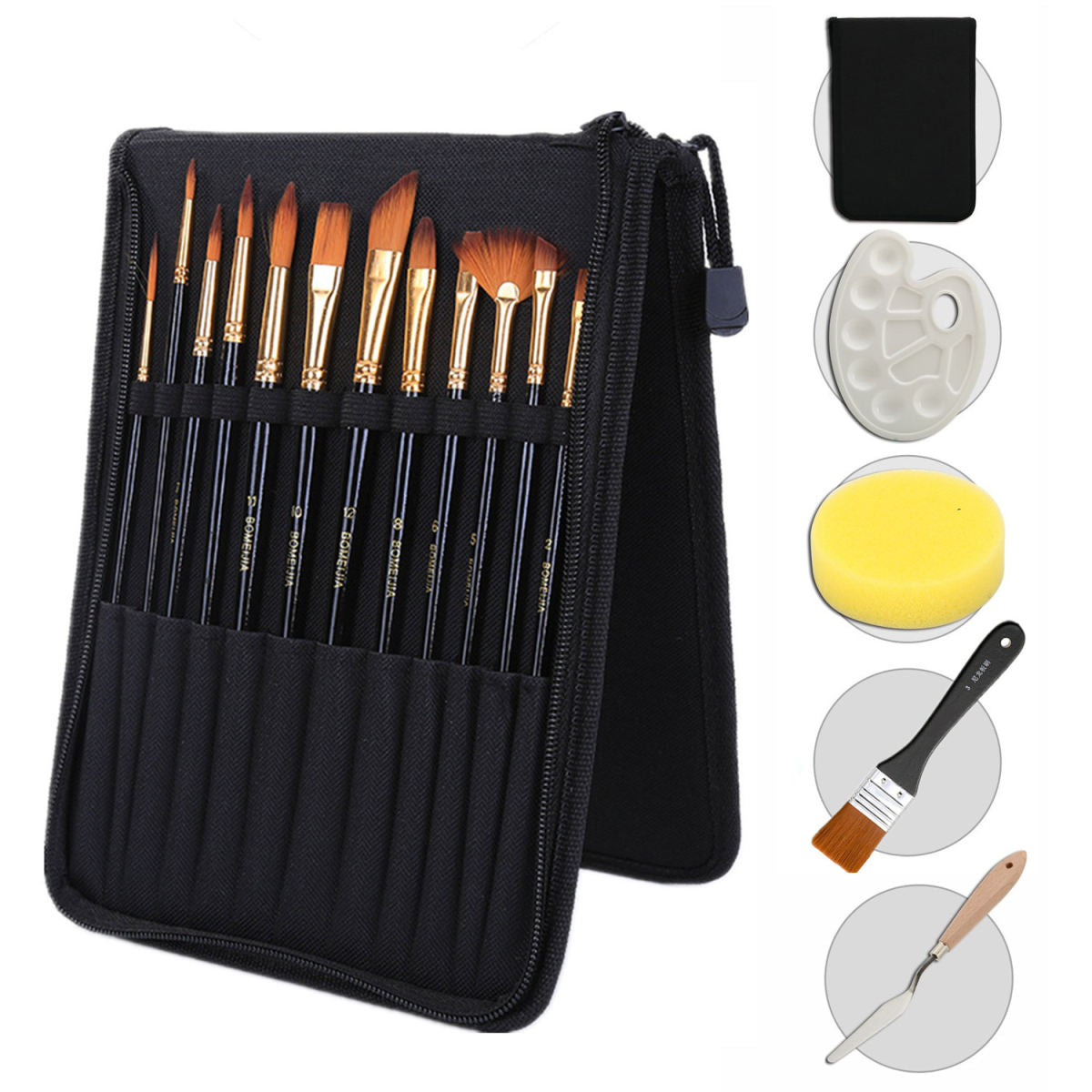 12-Piece Nylon Hair Paintbrush Canvas Bag Set For Watercolor And Gouache Painting