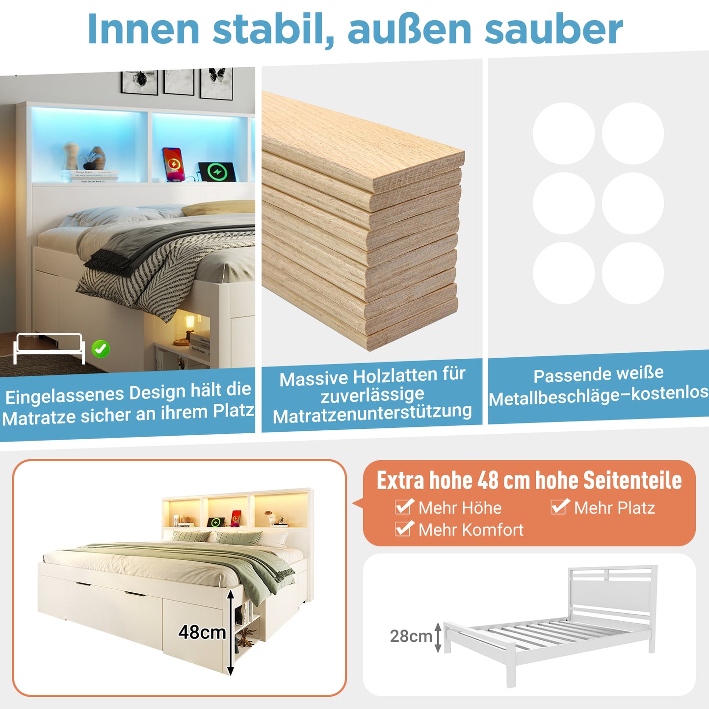 Functional Bed 90x200 Cm White With Storage Space And A Movable Bedside Table  1 Piece , Single Bed Wood With LED Lighting USB-C Charging Function, Youth Bed With Drawers And Shelves, Without Mattress
