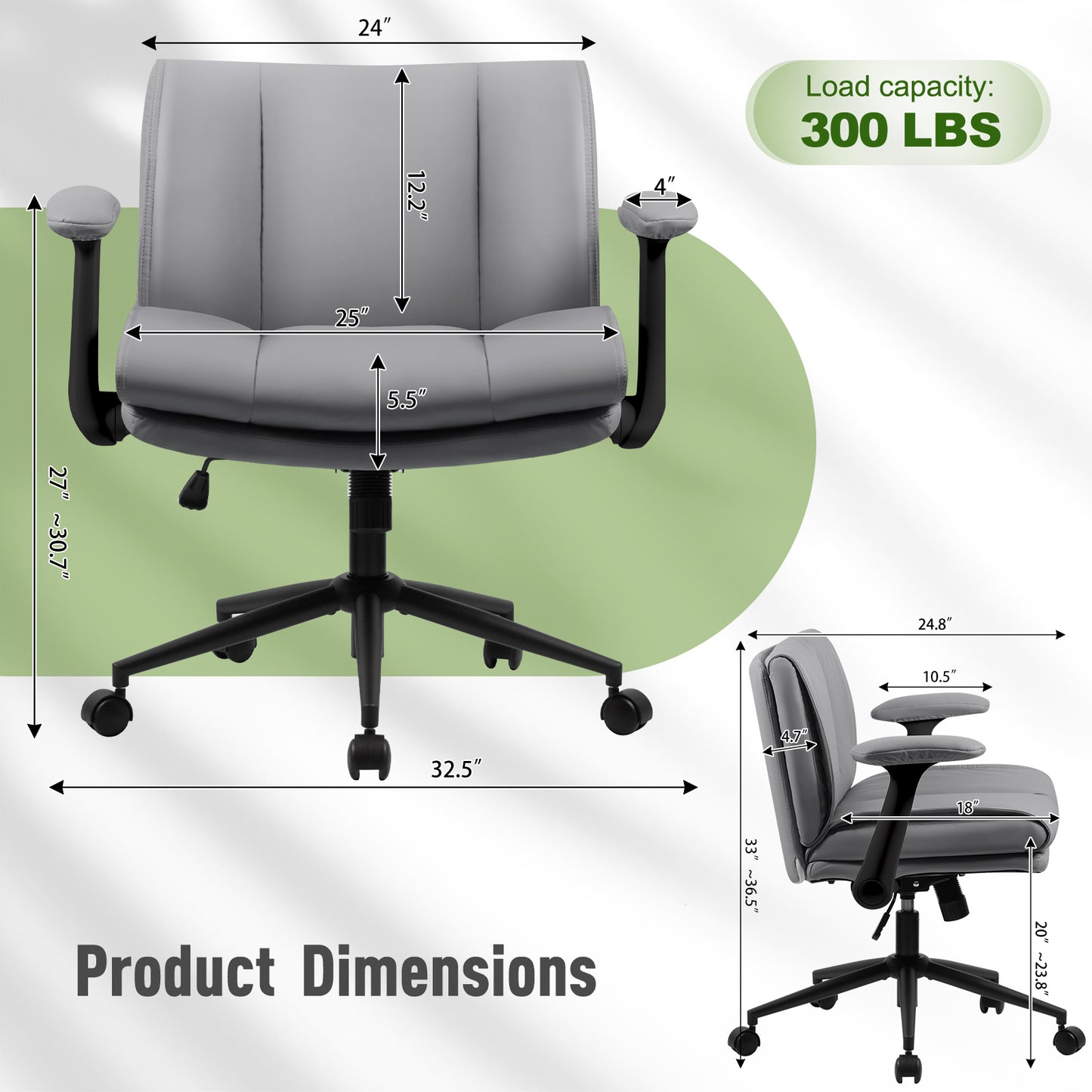 With Flip-Up Armrests Leather, Cross Legged Office Chair On Wheels, Comfy Swivel Chair With Wide Seat For Home Office, Vanity,  Ergonomic Desk Chair Adjustable, GREY