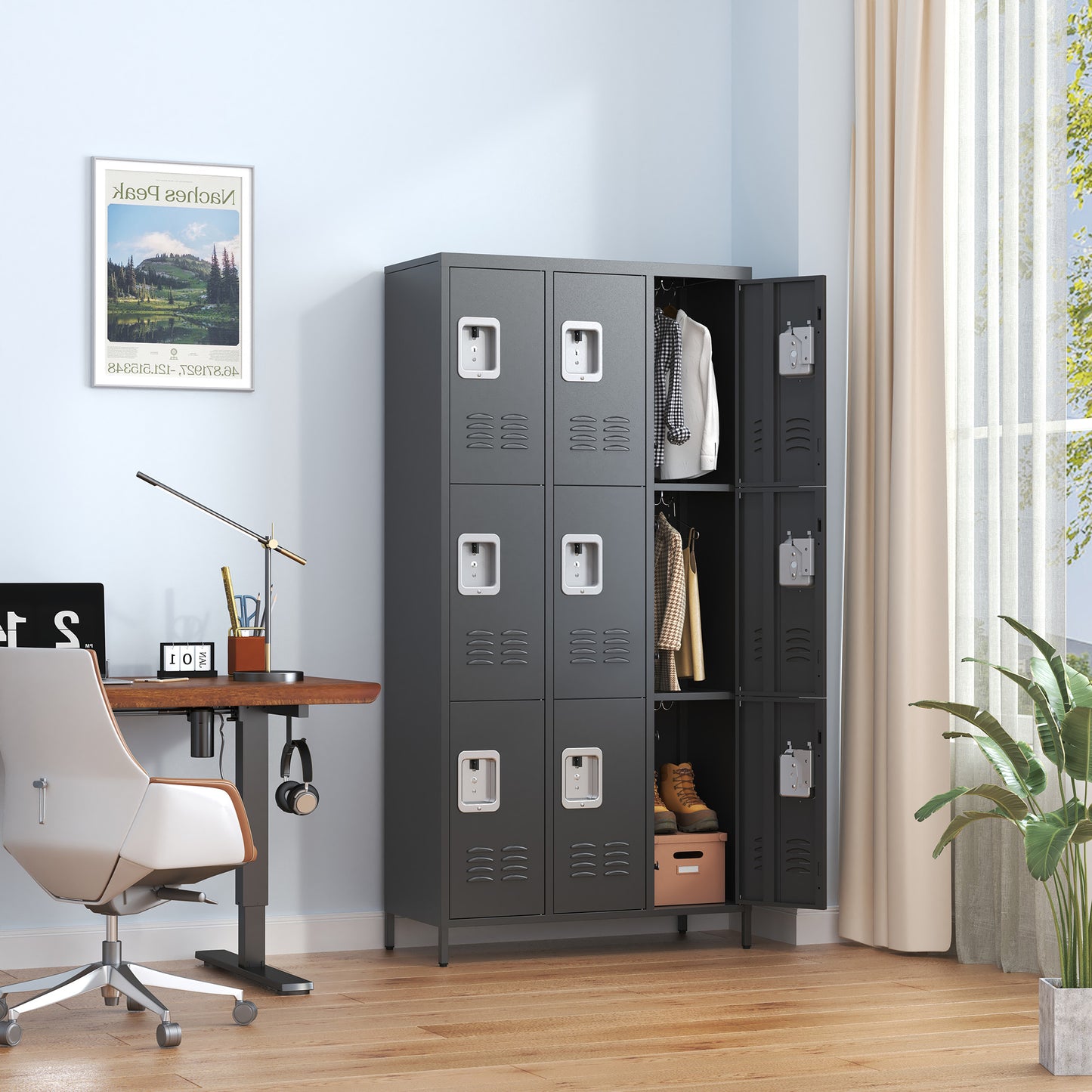 9 Door 72 H Metal Lockers With Lock For Employees,School,Office,Gym,Bedroom,Storage Locker Cabinet,Gray,Assembly Required,Black