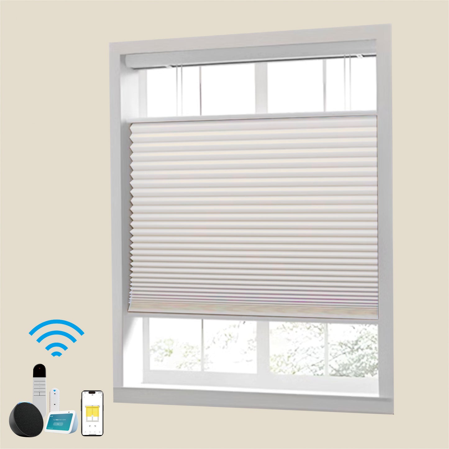 Raised Flag Day-Night Shade With Remote Control And Solar Panel-Full Blackout Motorized Shades For Home And Office-Cordless Organ Shade-Cordless Cellular Shade-Khaki